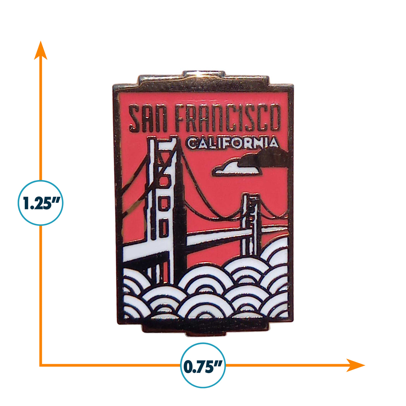 San Francisco California enamel pin featuring the Golden Gate Bridge in red and white colors, measuring 1.25 by 0.75 inches.