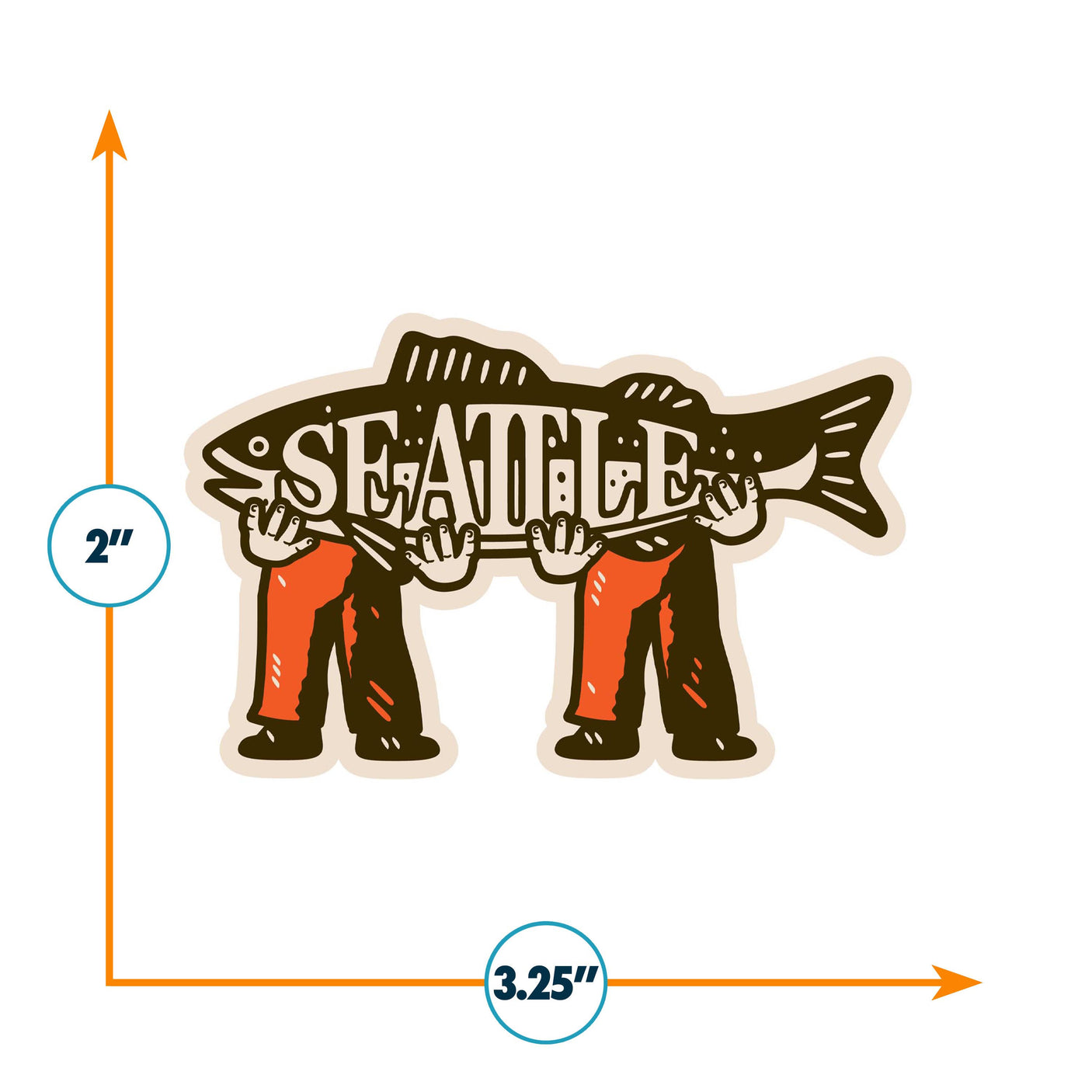 Seattle sticker featuring a large fish held by two hands, with the word "Seattle" in bold letters above.