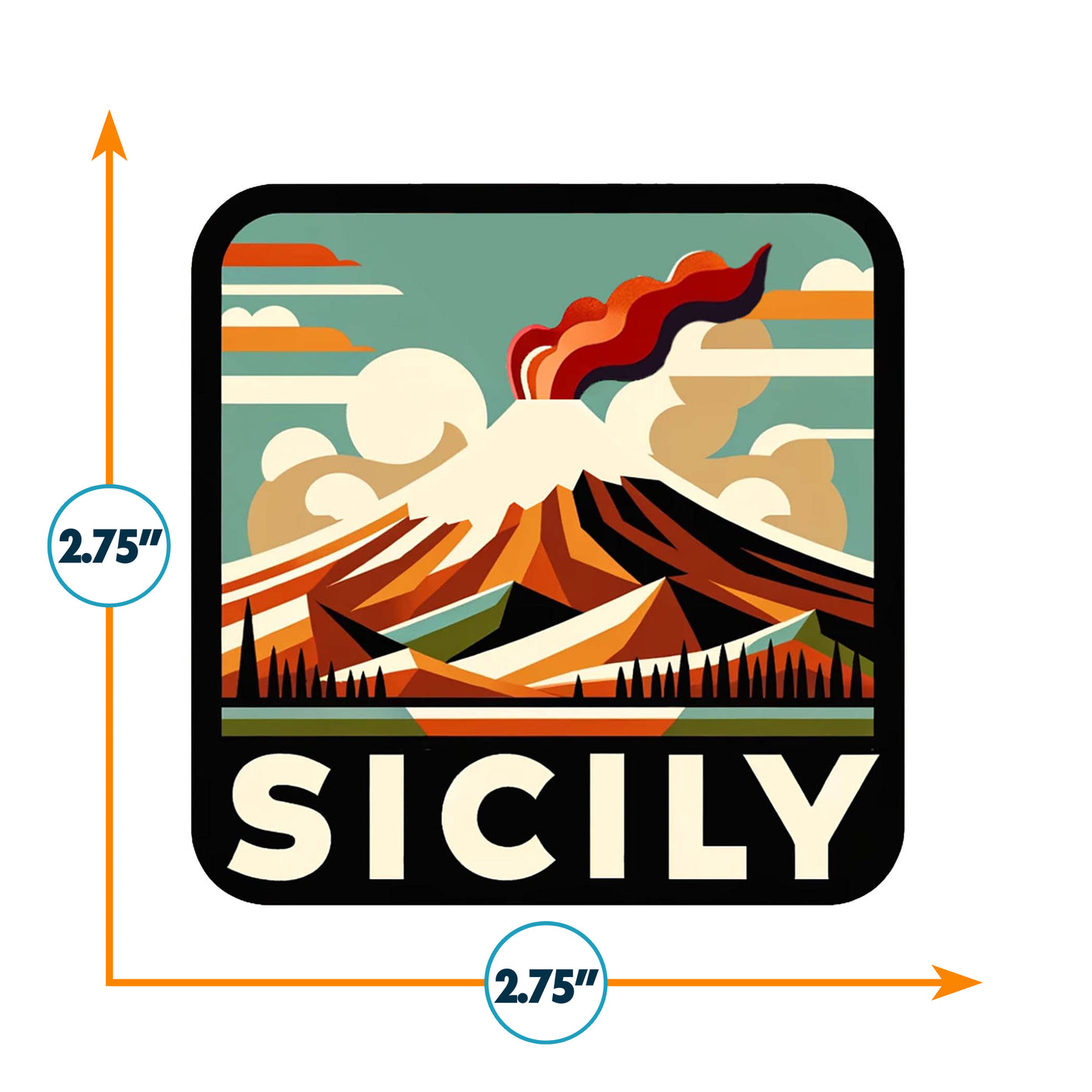 Sicily sticker featuring a volcano, mountains, clouds, and the word "SICILY" in bold letters, measuring 2.75 inches square.