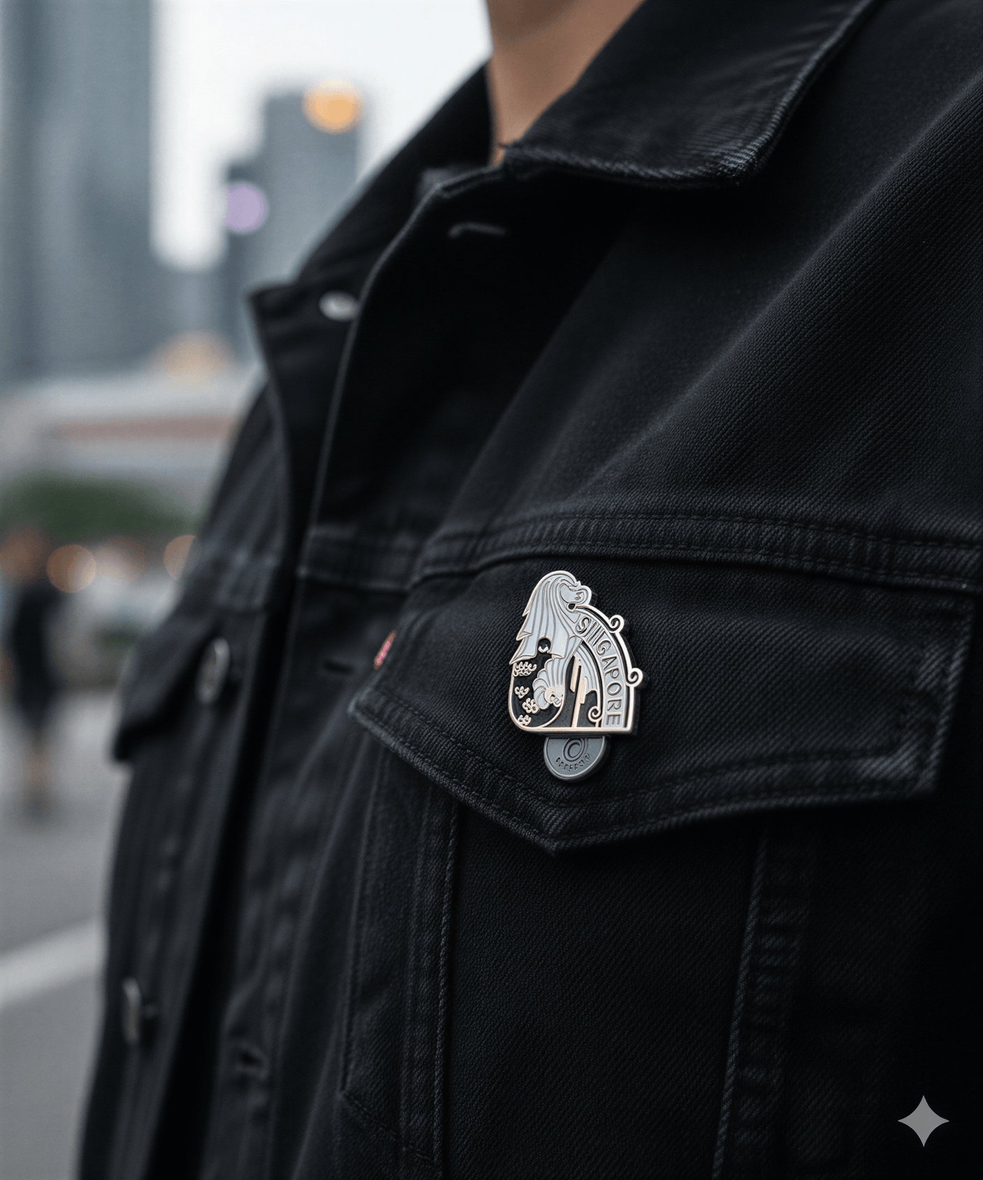 Singapore enamel pin featuring a detailed design on a black denim jacket.