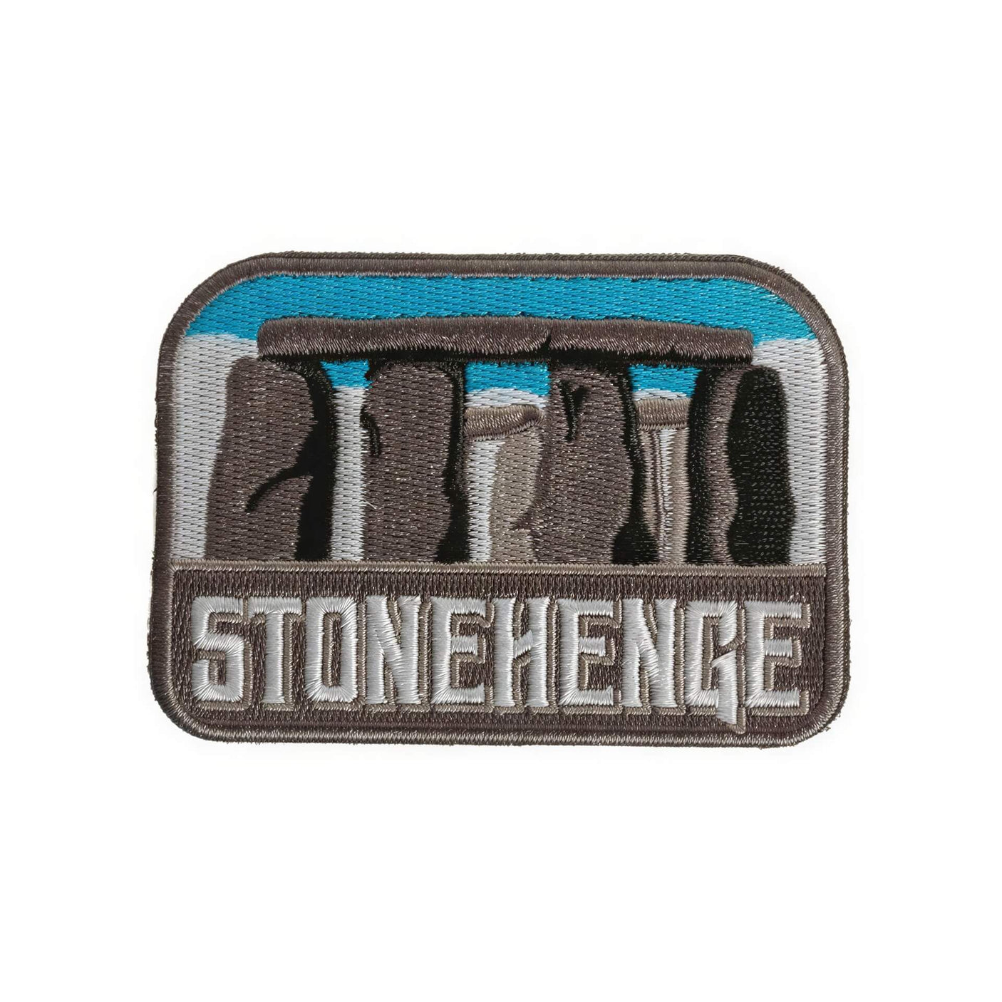 Stonehenge patch featuring embroidered stones and blue sky, with "Stonehenge" text at the bottom.