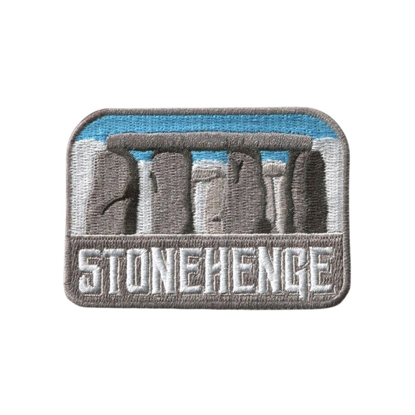 Stonehenge patch featuring embroidered stones with a blue sky and gray border, labeled "Stonehenge" at the bottom.