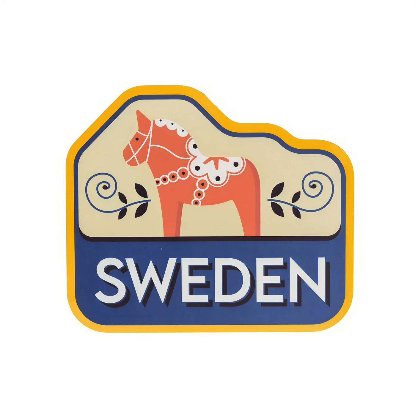 Sweden sticker featuring a red horse design with decorative elements and the word "Sweden" in bold letters.