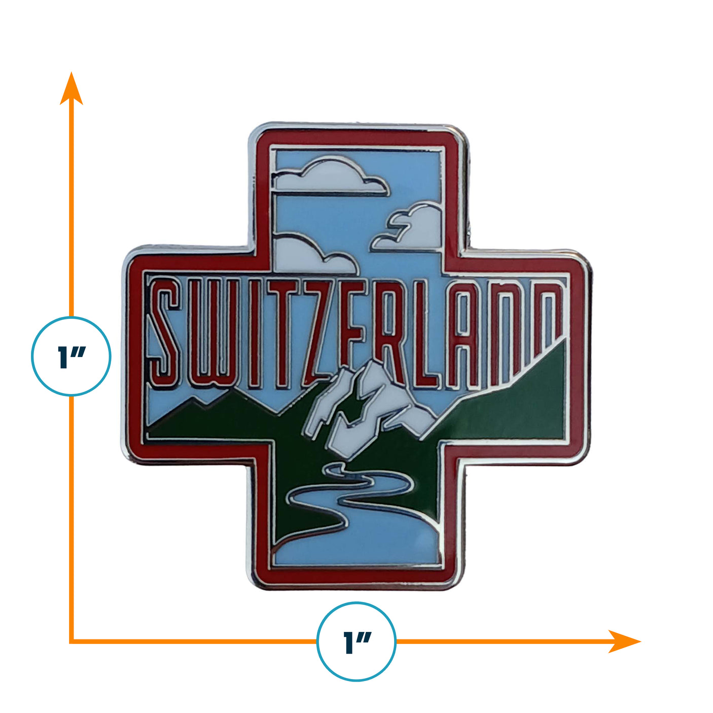 Switzerland enamel pin featuring a red cross design with mountains, clouds, and the word "Switzerland" in bold letters.