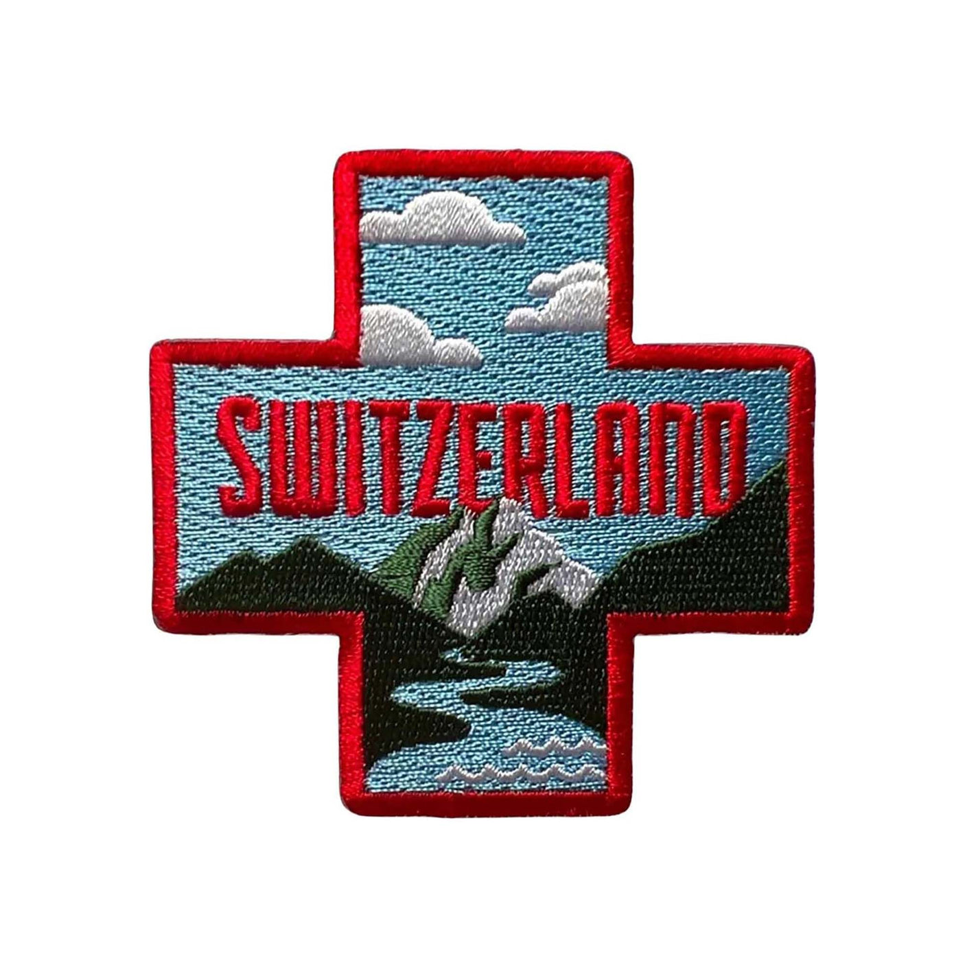 Switzerland patch featuring a red cross, mountains, and clouds with "SWITZERLAND" text in bold red.
