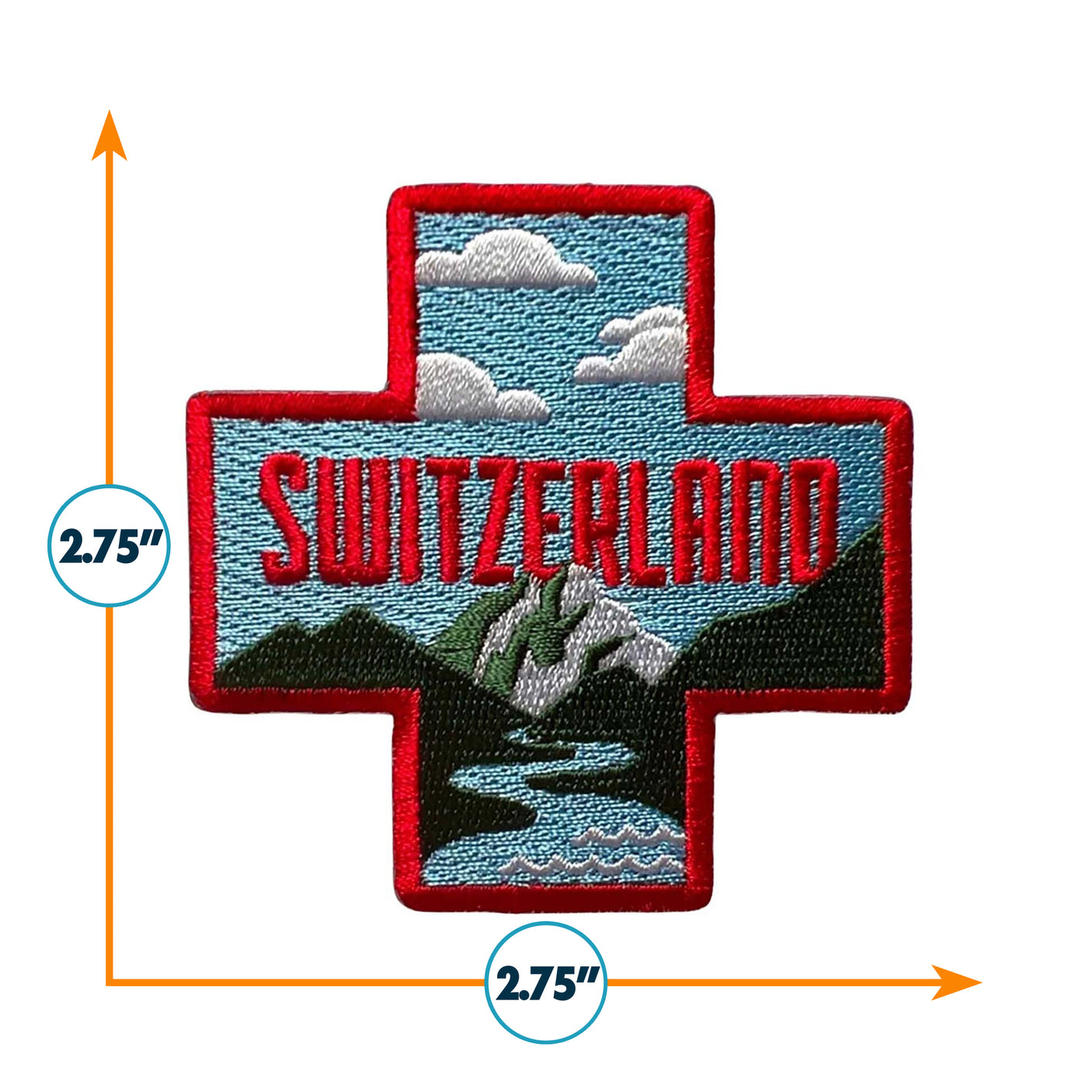 Switzerland patch featuring mountains, clouds, and a river, with red border and text, measuring 2.75 inches by 2.75 inches.