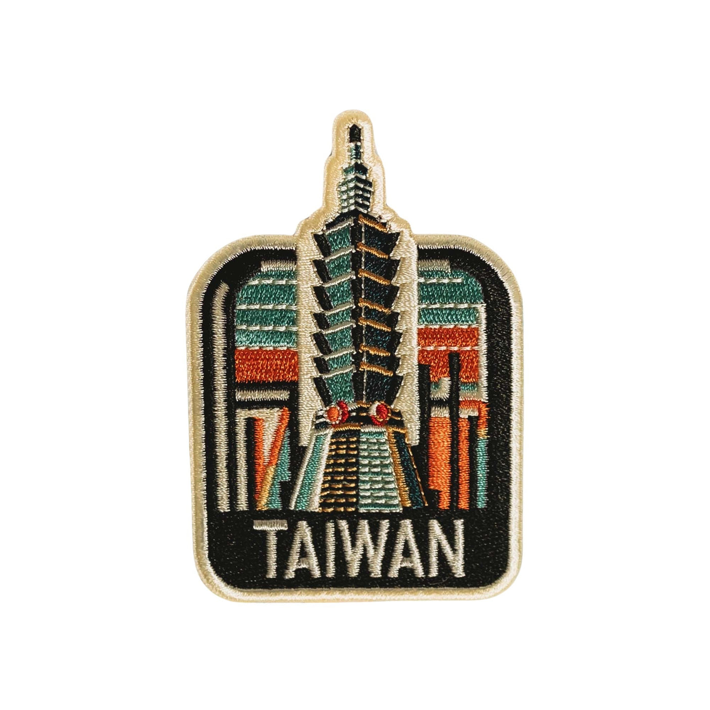 Taiwan patch featuring a stylized Taipei 101 building with vibrant colors and detailed embroidery.
