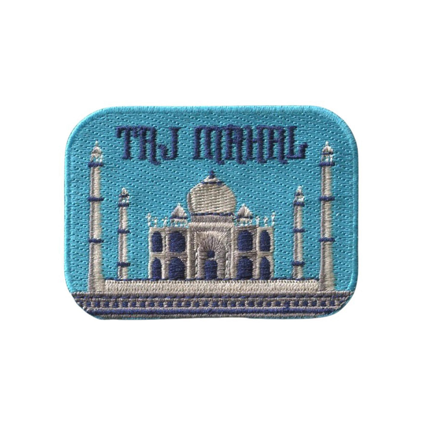 Taj Mahal patch with blue background, featuring embroidered white and gray depiction of the monument and text.