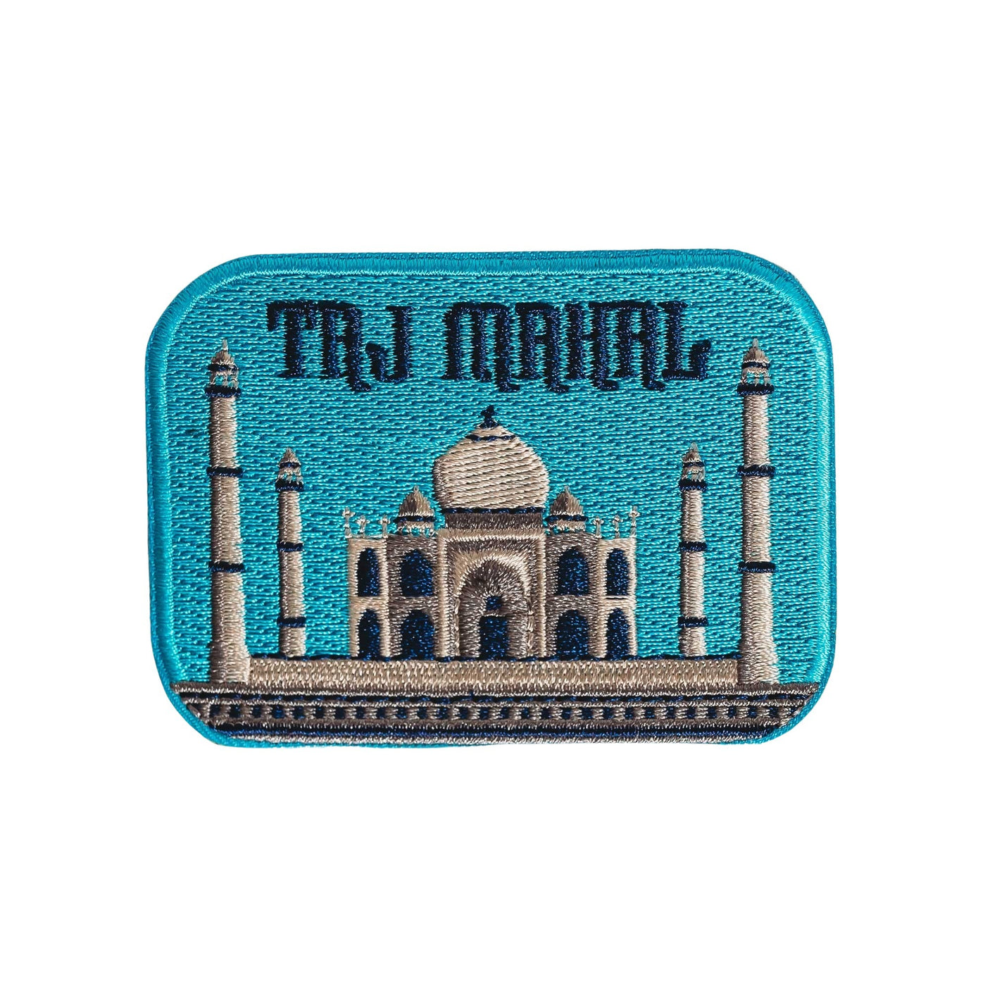 Taj Mahal patch with embroidered design on a turquoise background, featuring the iconic structure and text.