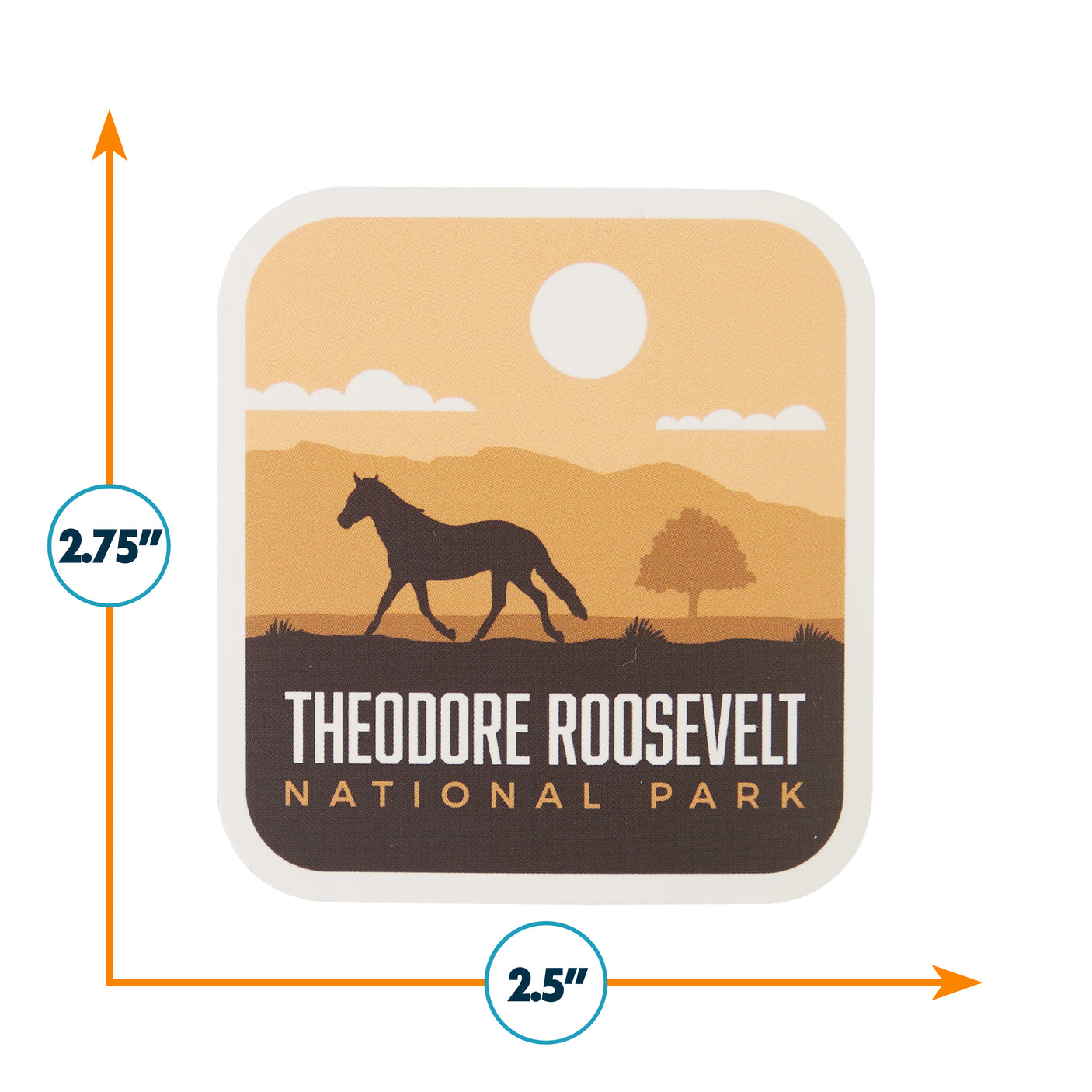 Theodore Roosevelt National Park sticker featuring a silhouette of a horse against a sunset landscape.
