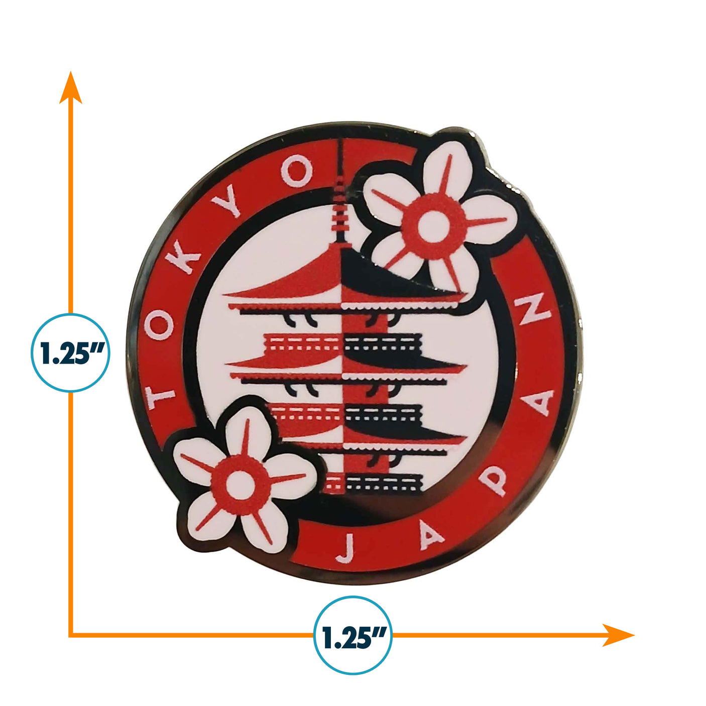 Tokyo Japan enamel pin featuring a pagoda design with red and white flowers, measuring 1.25 inches in diameter.
