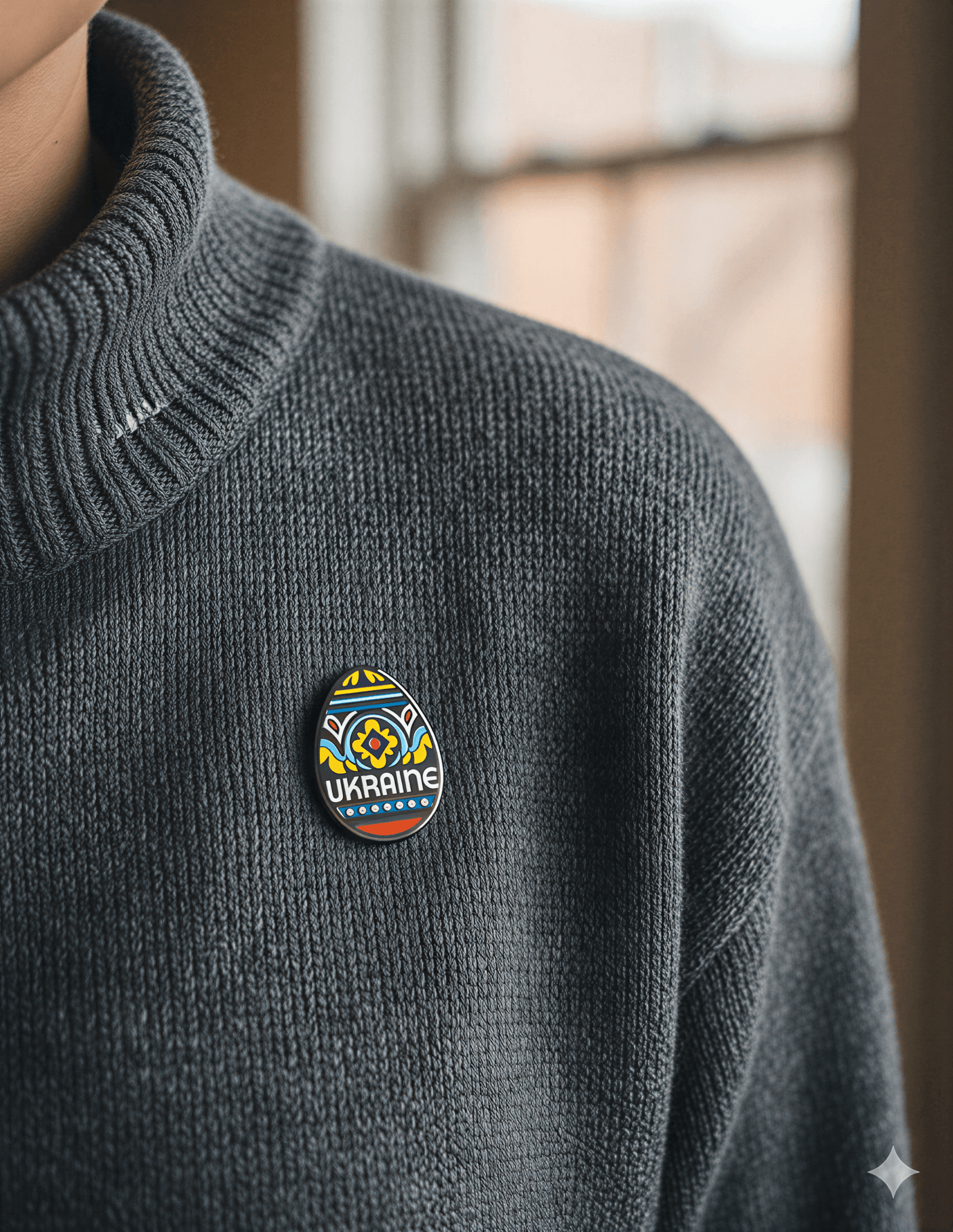 Ukraine enamel pin displayed on a gray sweater, featuring colorful traditional patterns and the word "Ukraine.