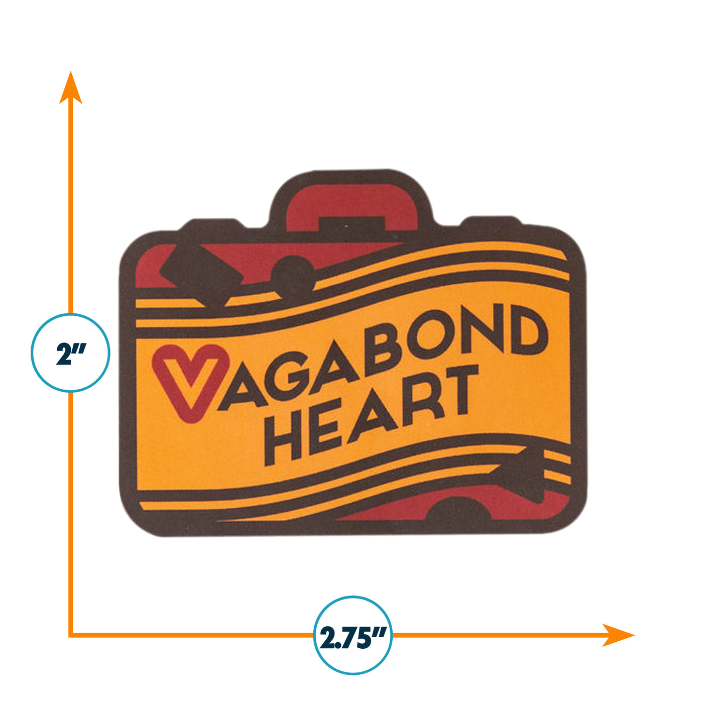 Vagabond Heart sticker featuring a suitcase design with yellow and red colors, measuring 2 by 2.75 inches.