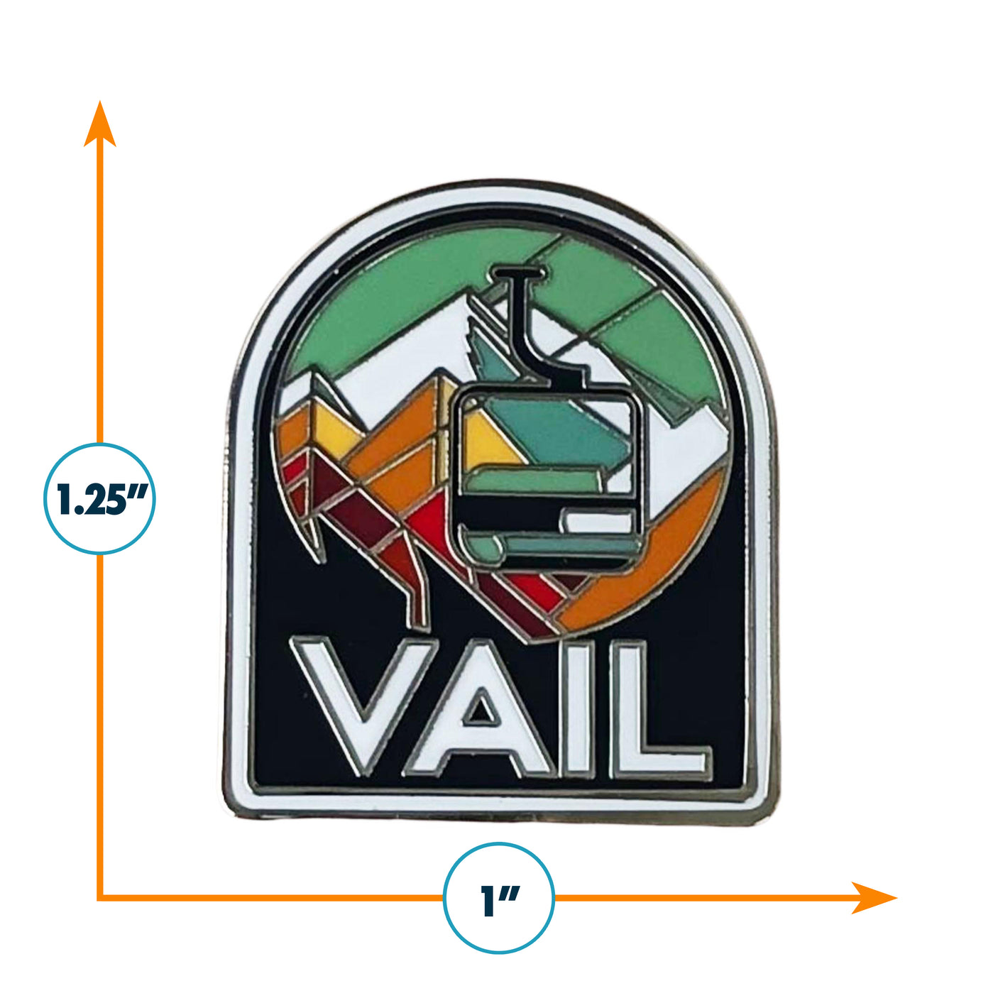 Vail Colorado pin featuring a ski lift and mountain design in green, orange, and white colors, measuring 1.25 inches tall.