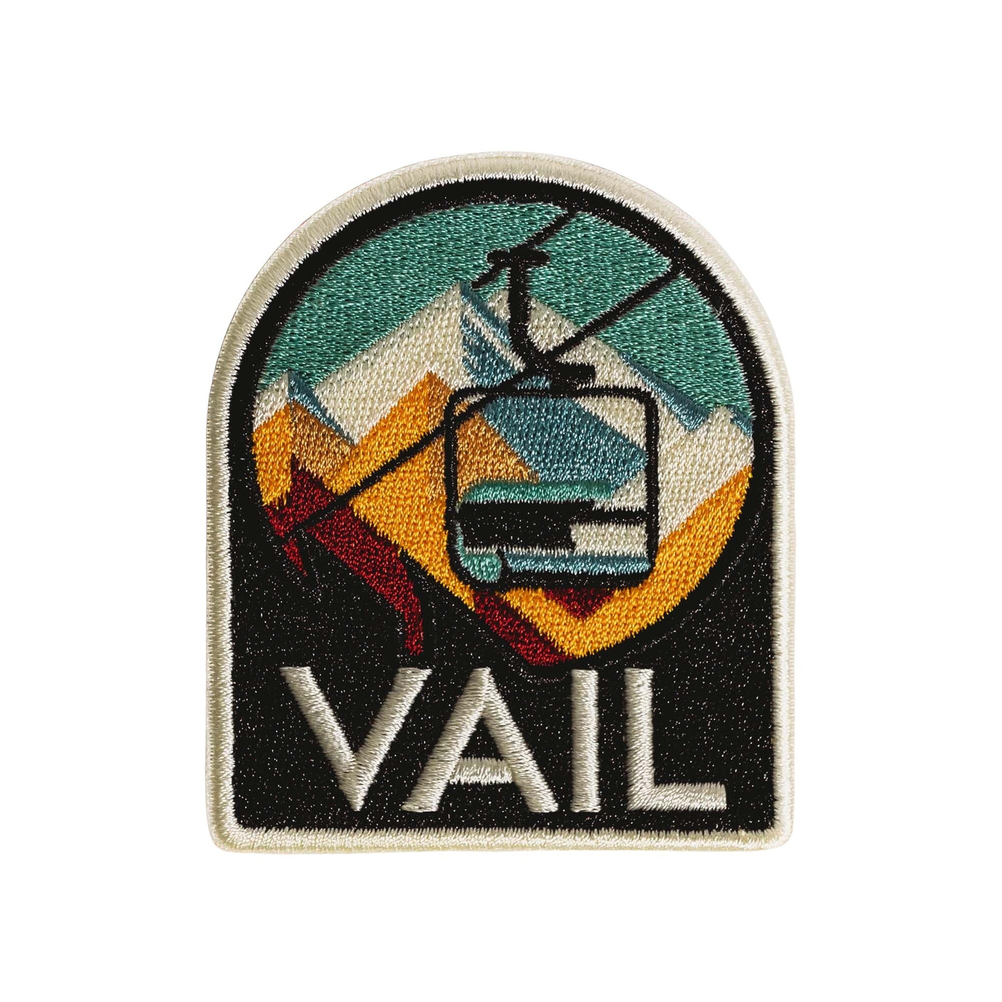 Vail Colorado patch featuring a ski lift and mountains in teal, orange, and black colors.