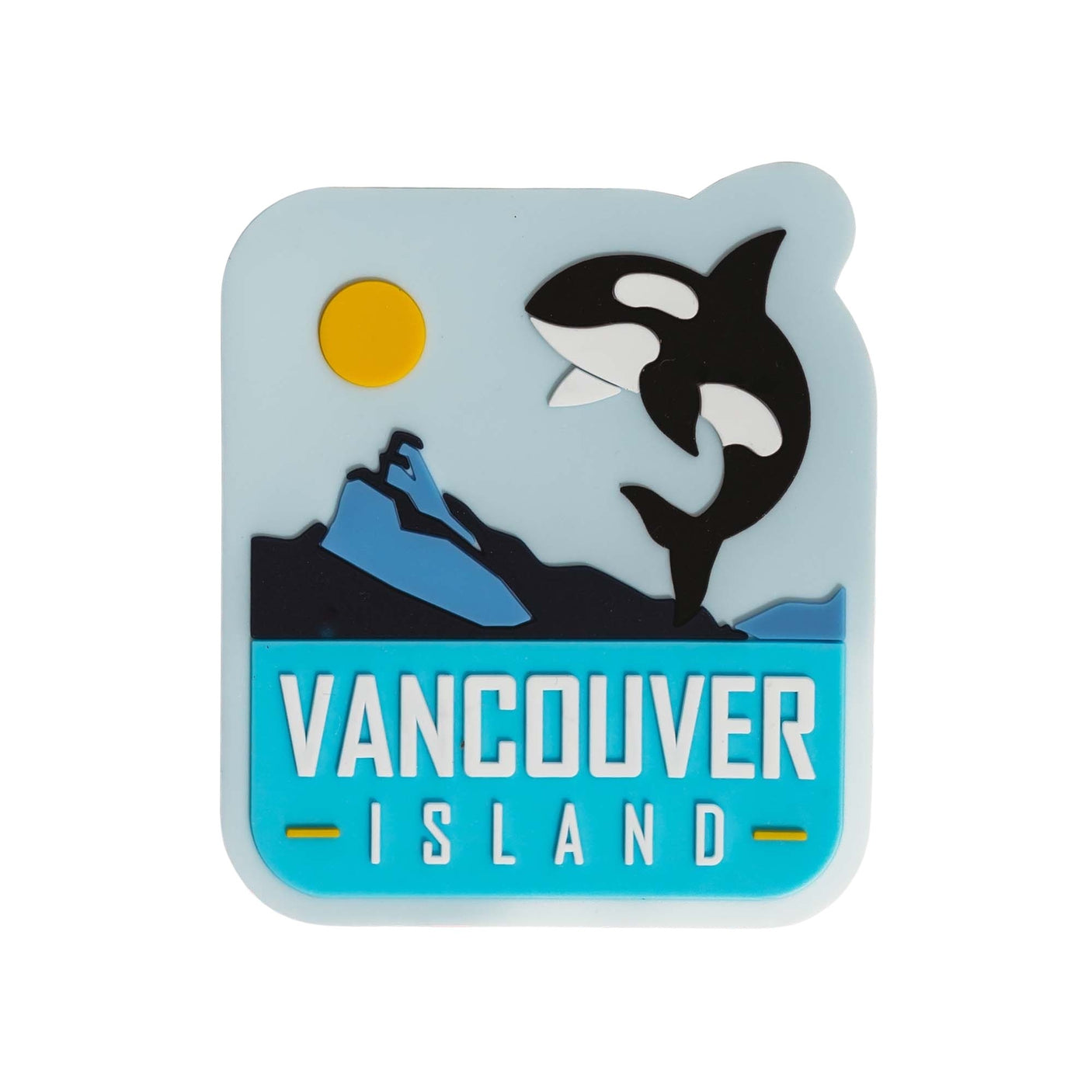 Vancouver Island PVC fridge magnet featuring an orca, sun, and mountain design in blue and black colors.