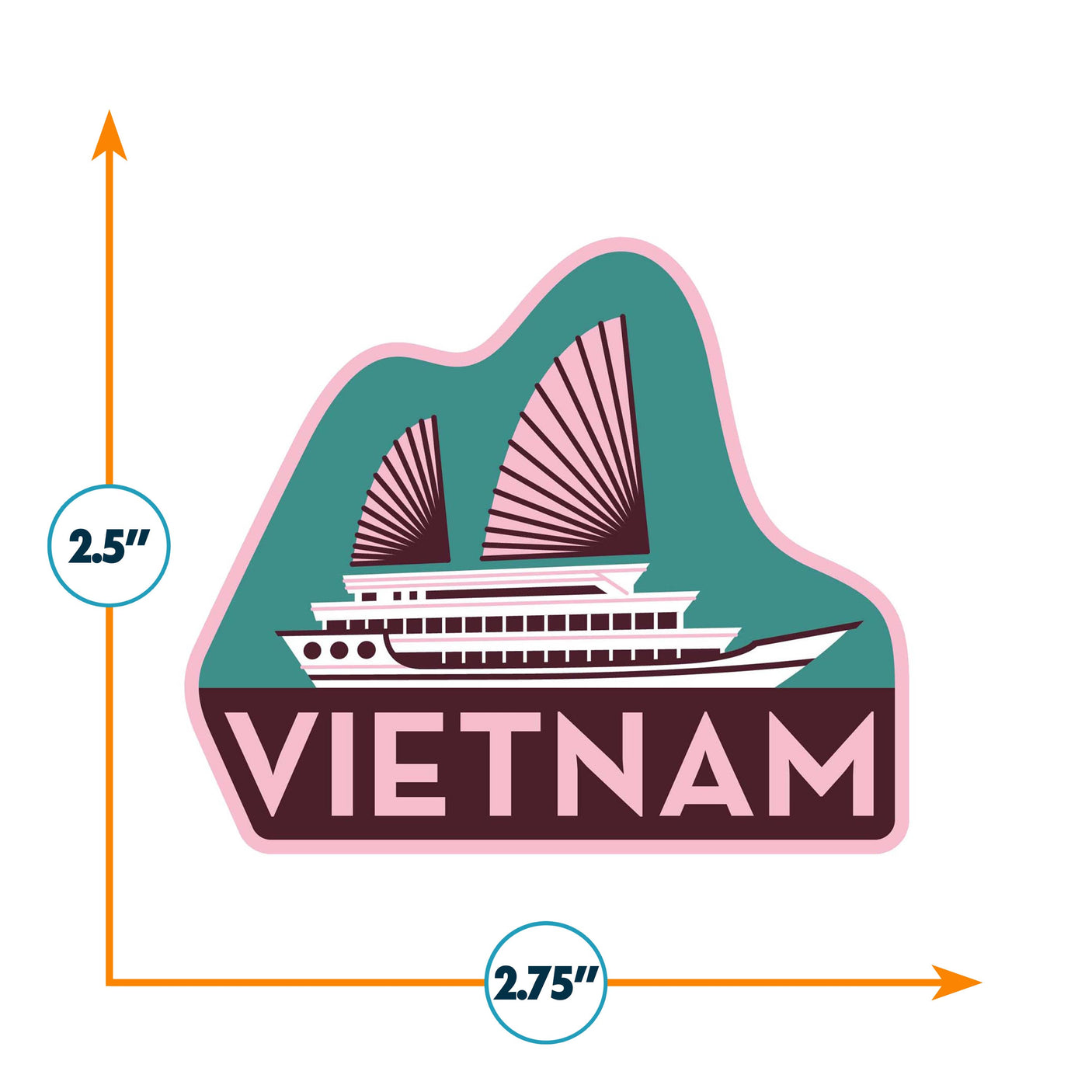 Vietnam sticker featuring a boat with pink sails on a teal background, measuring 2.5 inches by 2.75 inches.