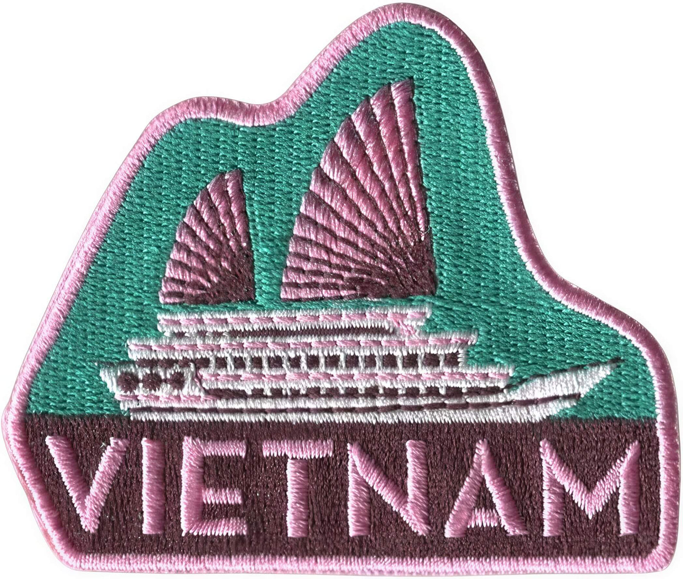 Vietnam patch featuring a traditional boat with sails, set against a teal background and pink border.