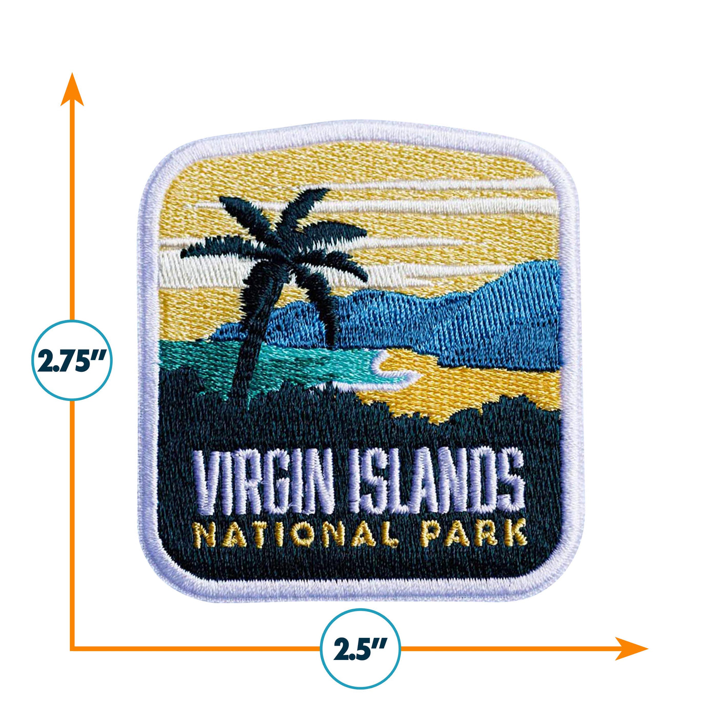 Virgin Islands National Park patch featuring palm trees, mountains, and a sunset in yellow and blue colors.