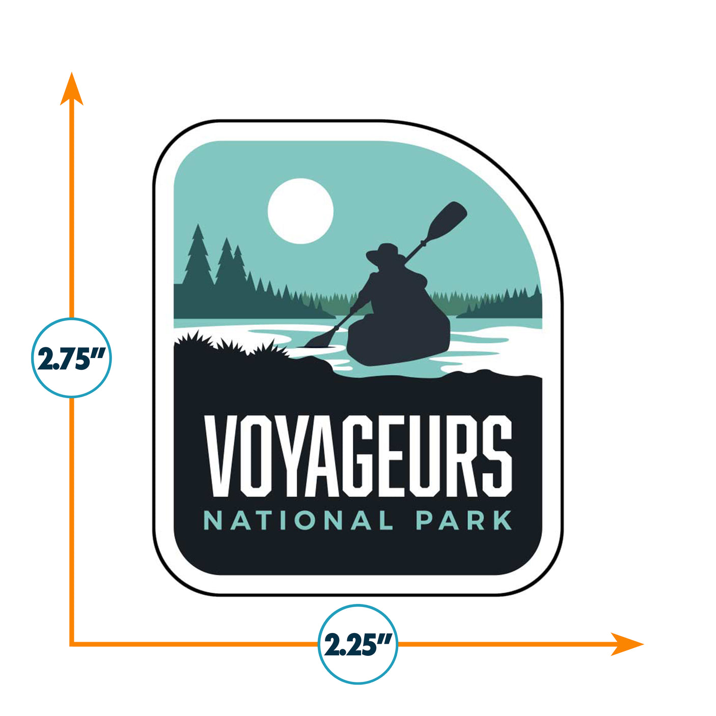 Voyageurs National Park sticker featuring a silhouette of a kayaker on water with trees and a moon in the background.