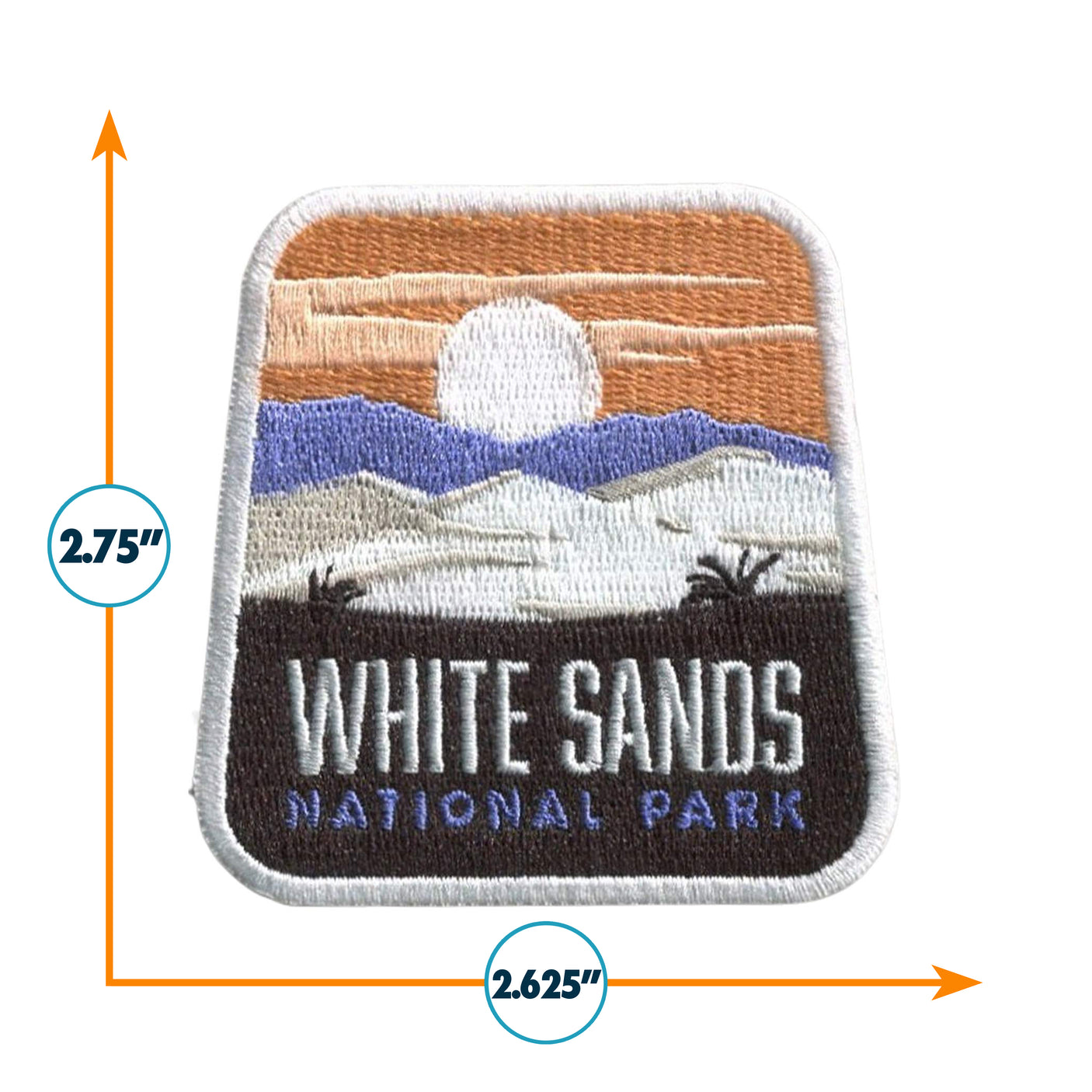 White Sands National Park patch featuring a sunset over white dunes and mountains, measuring 2.75 inches by 2.625 inches.