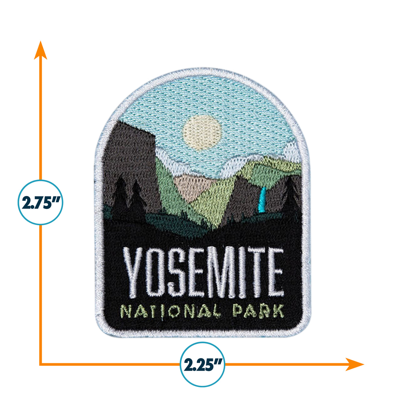 Yosemite National Park patch featuring mountains, a river, and a sun, measuring 2.75 inches by 2.25 inches.