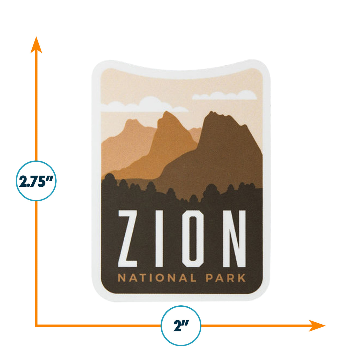 Zion National Park sticker featuring mountains and trees in earthy tones, measuring 2.75 inches by 2 inches.