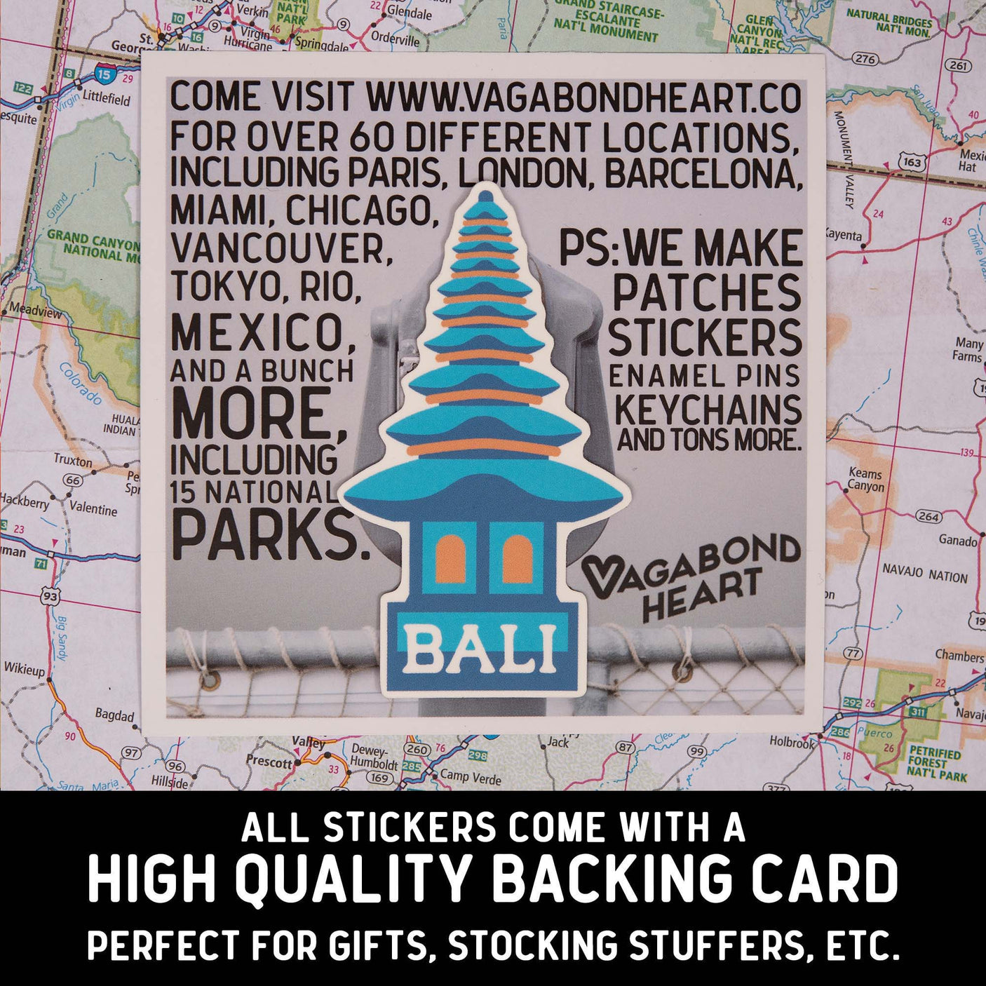 Wales sticker featuring a blue and white design on a backing card with travel locations and text.