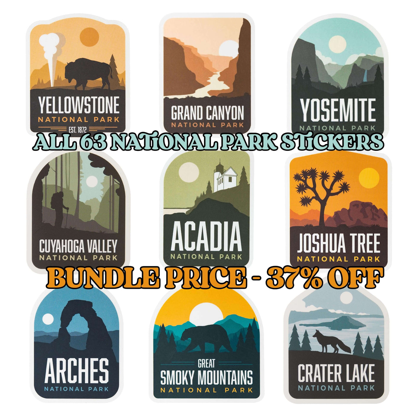 All 63 national park stickers bundle featuring various park designs and colors, showcasing iconic landscapes and wildlife.