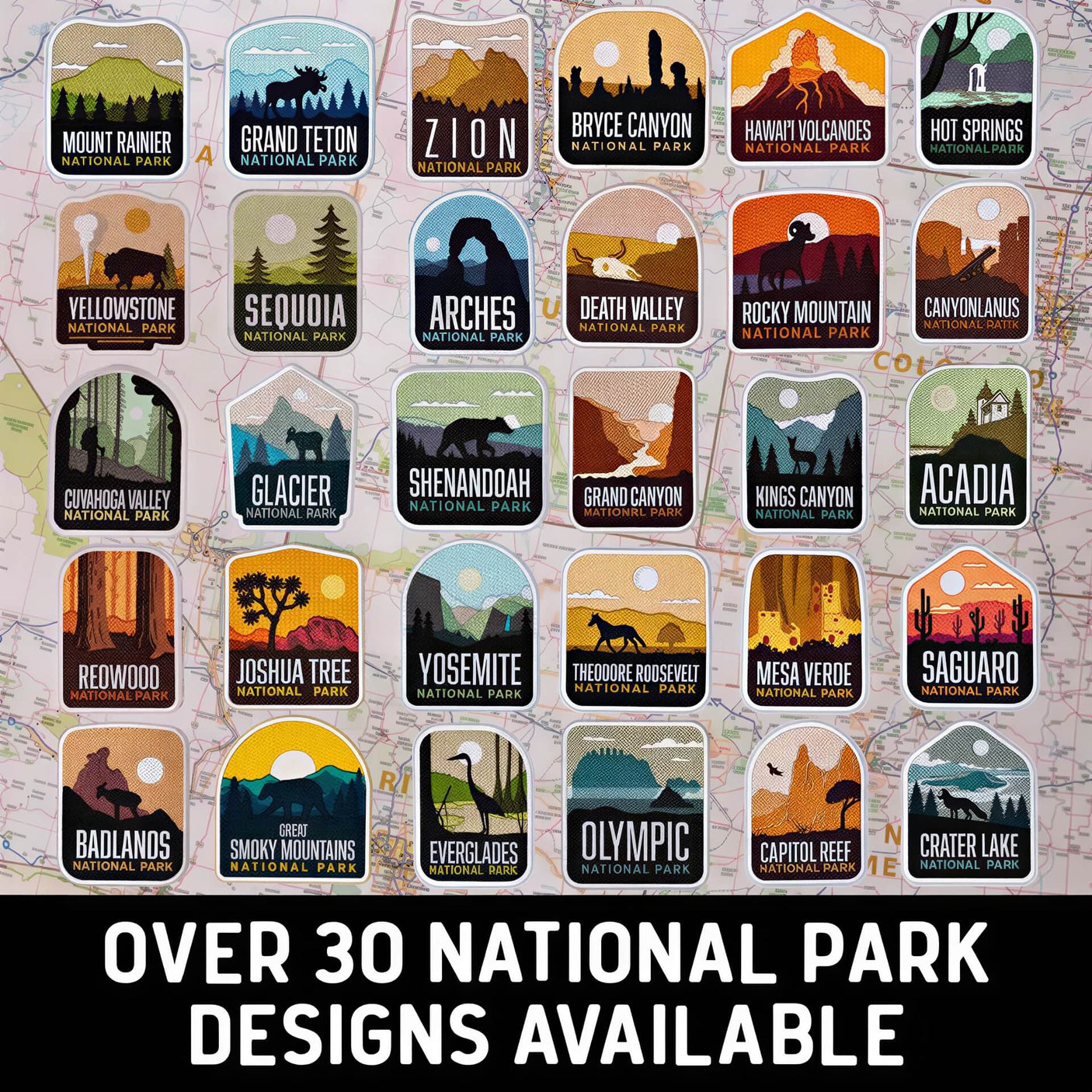Scotland sticker featuring a stylized design with mountains and trees in green, blue, and orange colors.