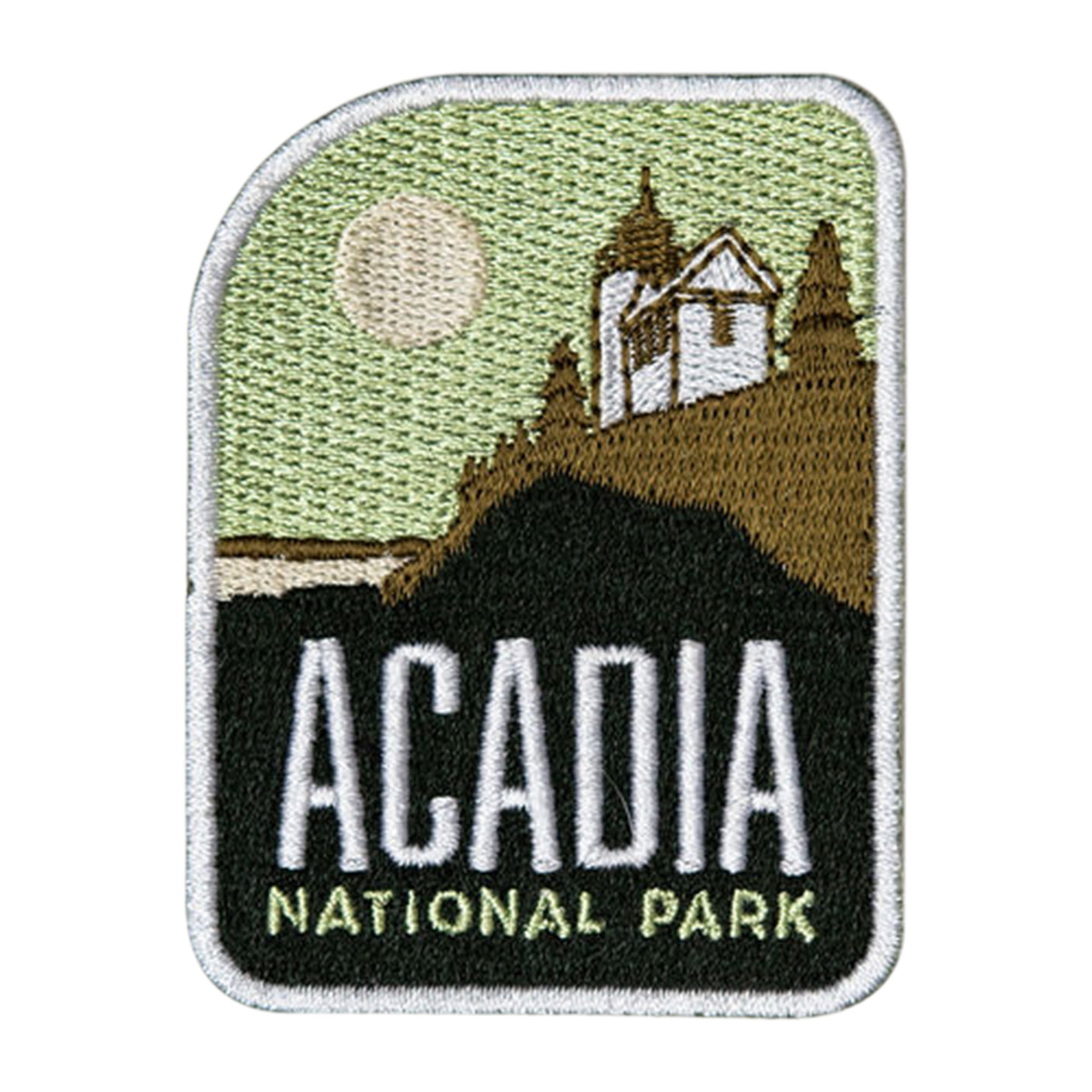 Acadia National Park patch featuring a lighthouse, trees, and a sun in green and brown tones.