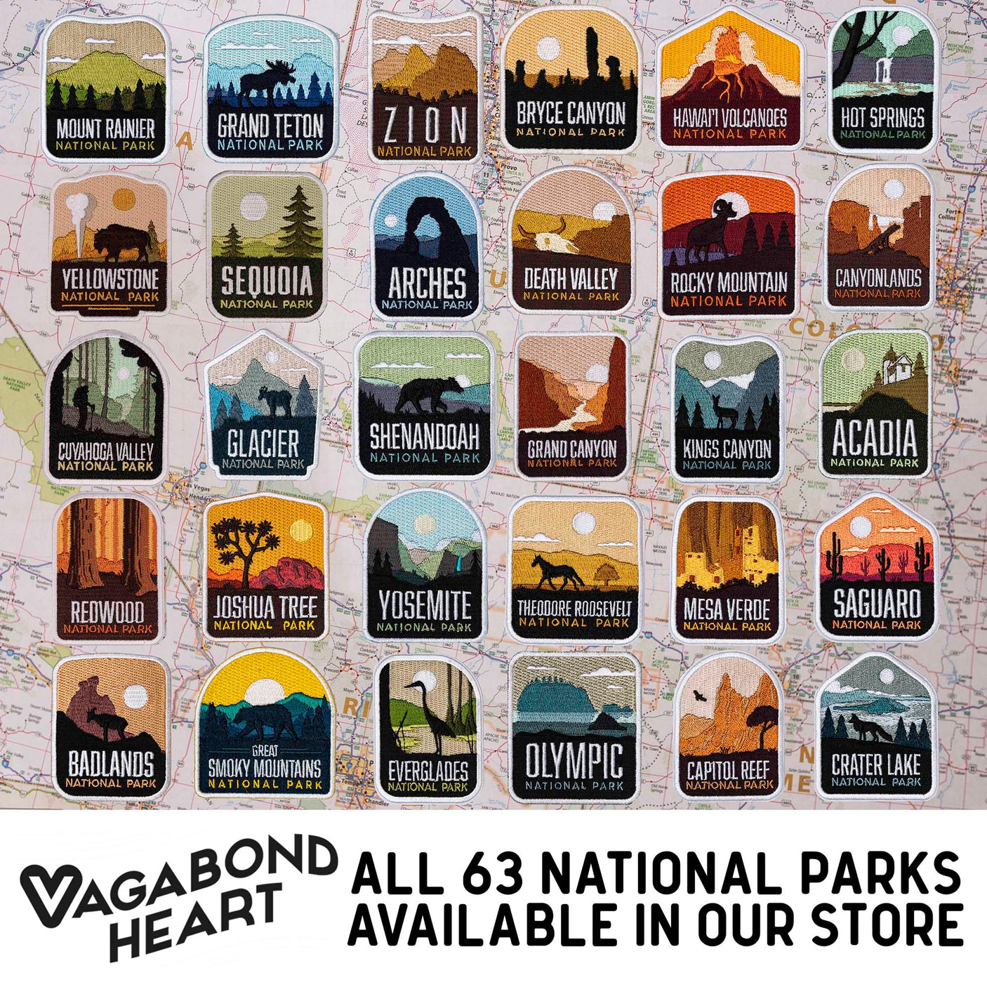 Joshua Tree National Park patch featuring desert landscape, cacti, and mountains in vibrant colors.
