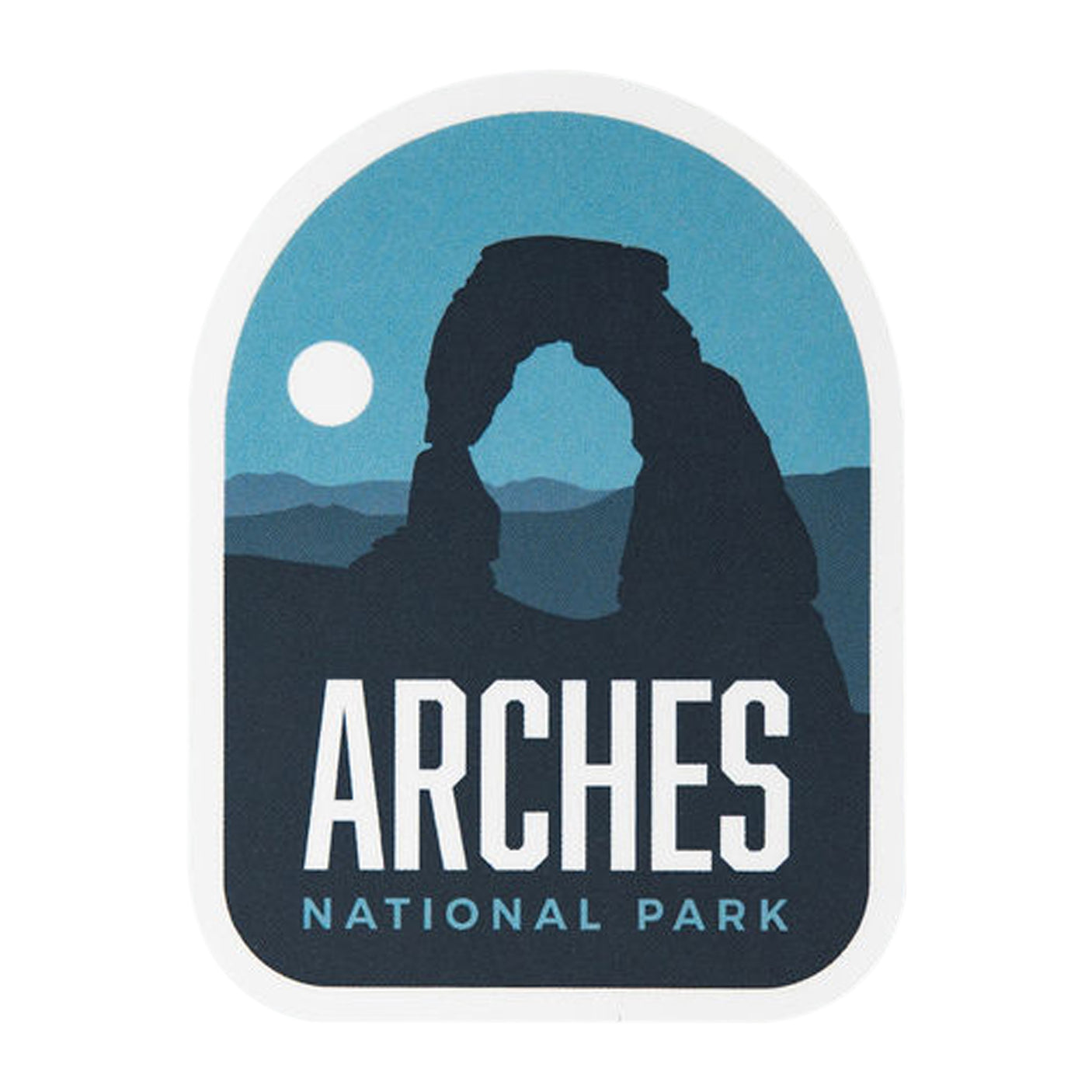 Arches National Park sticker featuring a silhouette of the arch and a blue color palette.