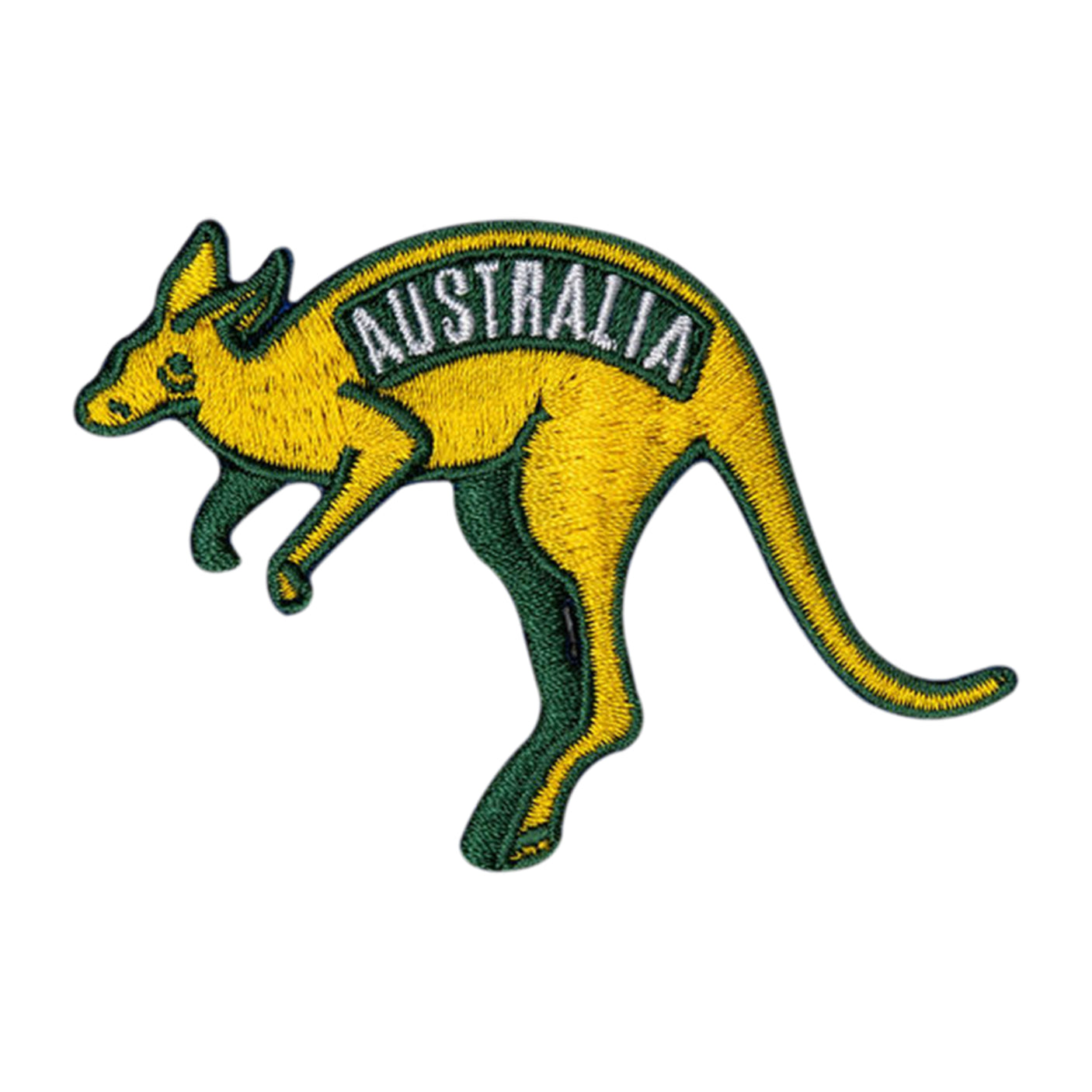 Yellow kangaroo patch with "Australia" text in green, featuring detailed embroidery on a white background.