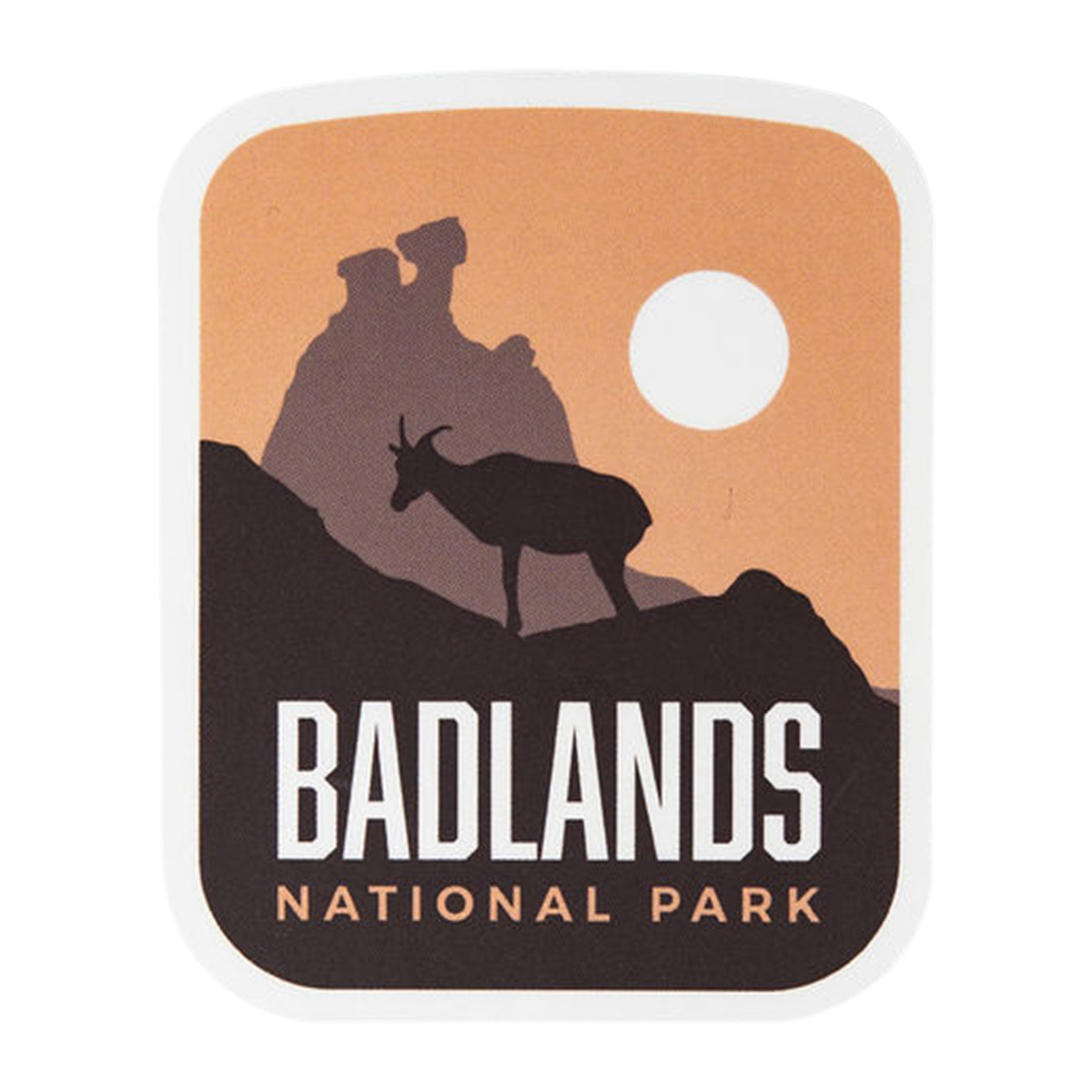 Badlands National Park sticker featuring a silhouette of a goat against a sunset background with the park name.