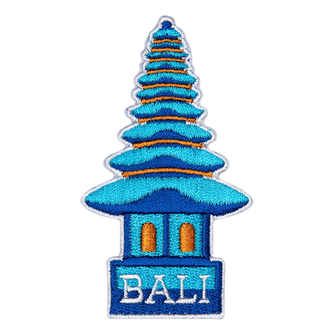 Bali Indonesia patch featuring a blue pagoda design with orange accents and the word "BALI" at the bottom.