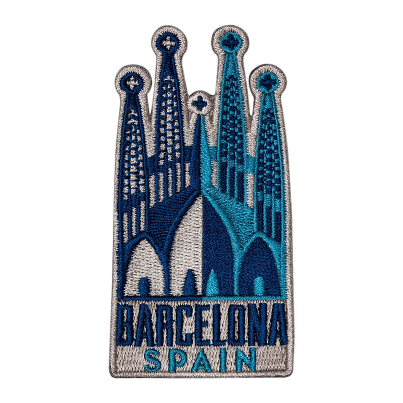 Barcelona Spain patch with blue and white embroidery depicting the Sagrada Familia design and text at the bottom.