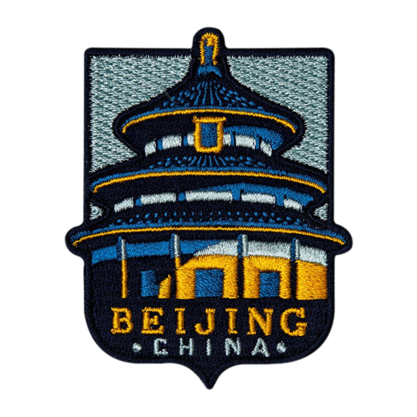 Beijing China patch featuring a blue and yellow embroidered design of the Temple of Heaven.
