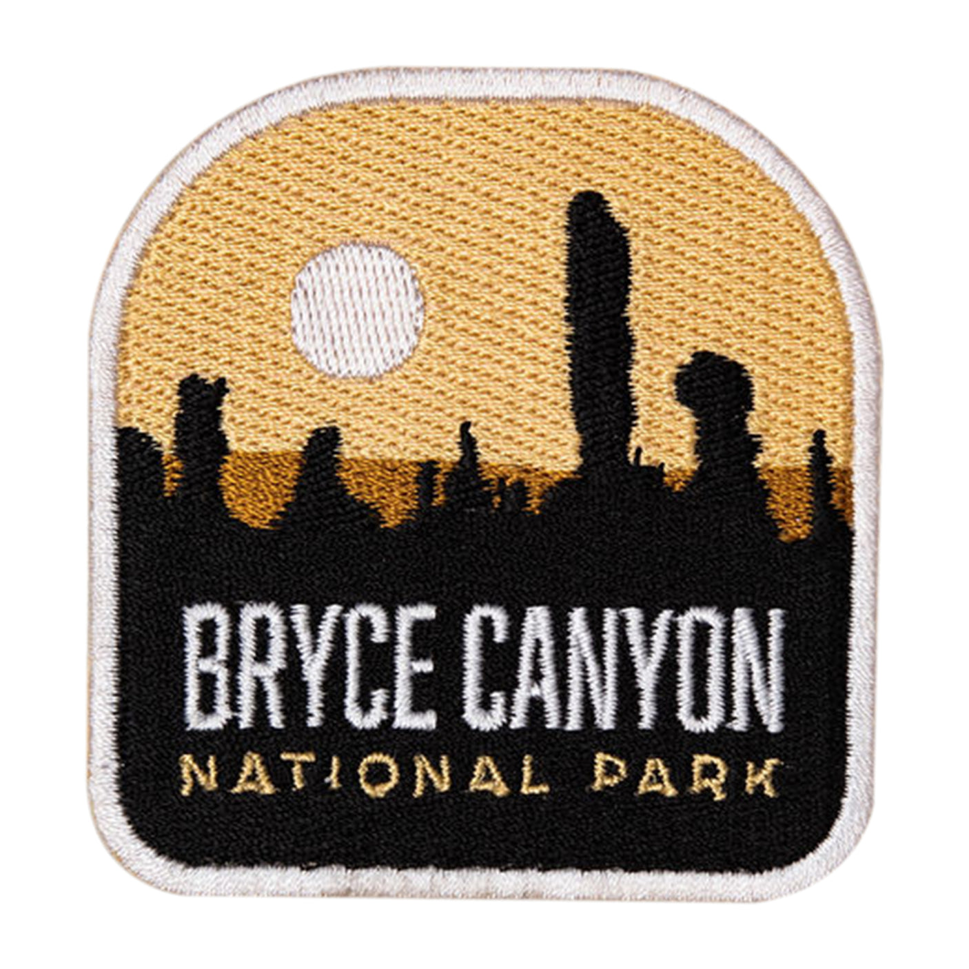 Bryce Canyon National Park patch featuring a sunset backdrop with silhouettes of rock formations and white text.