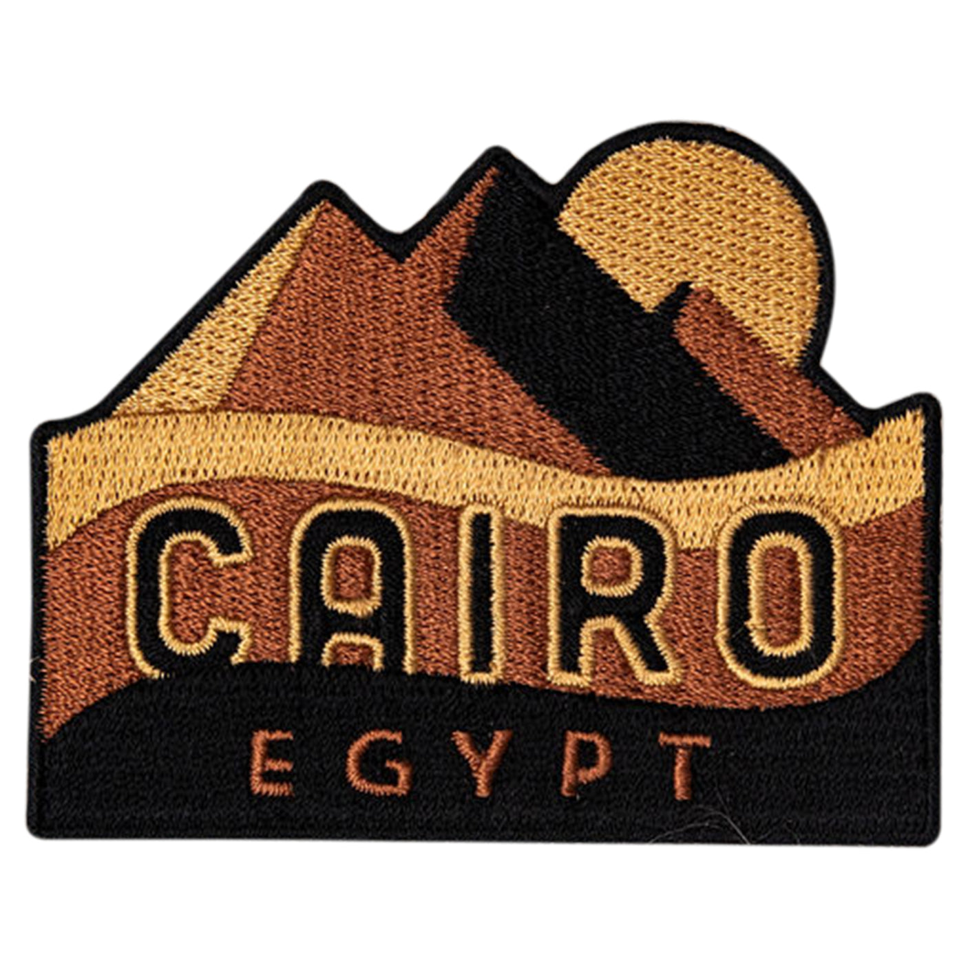 Cairo Egypt patch featuring mountains and a sun, with embroidered text in yellow and orange on a black background.