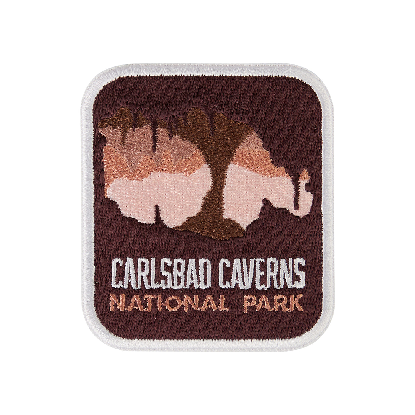 Carlsbad Caverns National Park patch featuring a cave silhouette in brown and pink with white border and text.