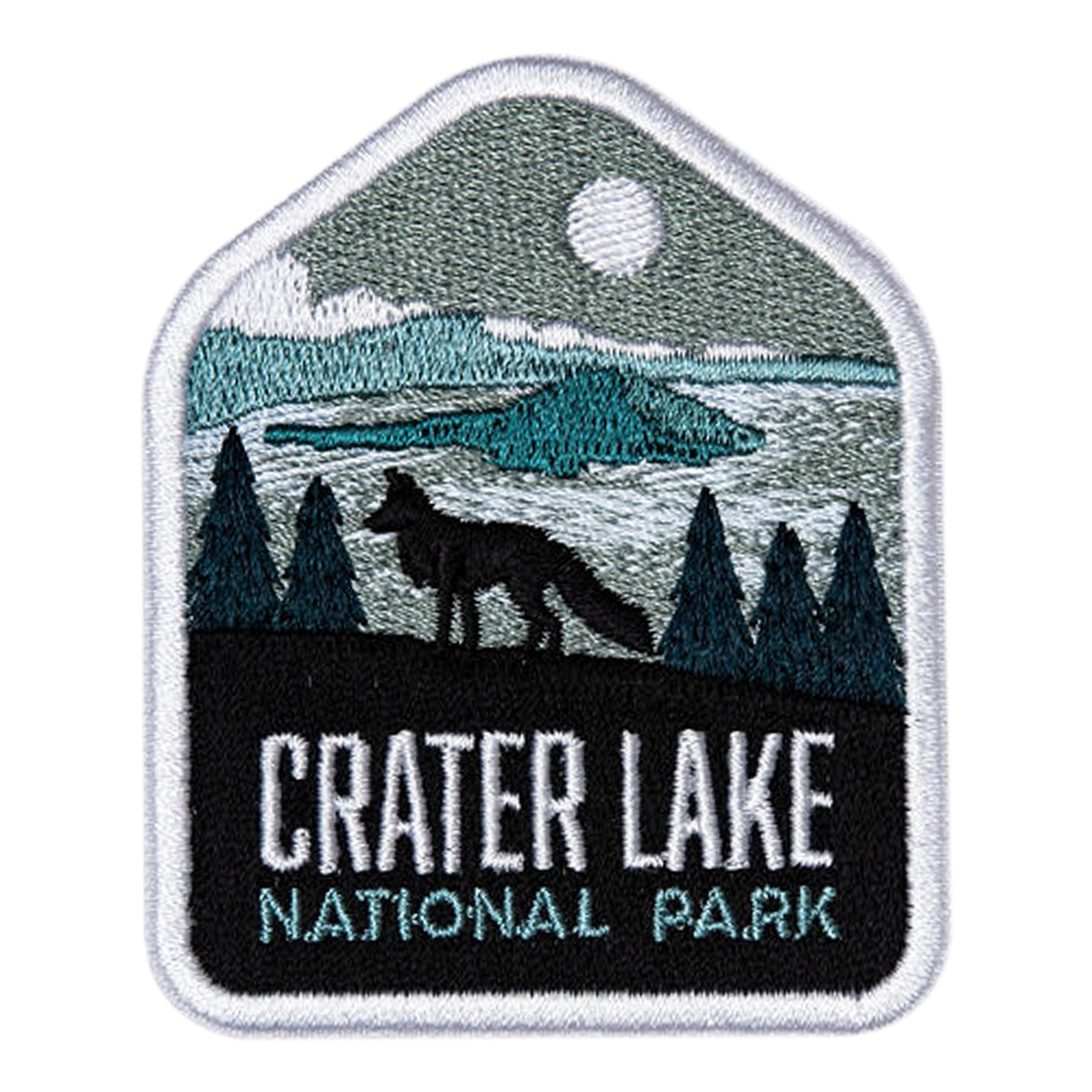 Crater Lake National Park patch featuring a silhouette of a fox, trees, and a lake under a moonlit sky.