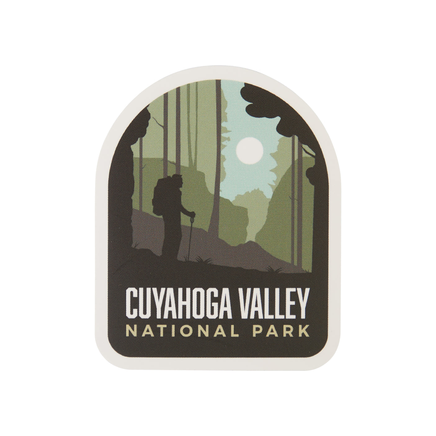 Cuyahoga Valley National Park sticker featuring a hiker silhouette in a forest scene with a moon.