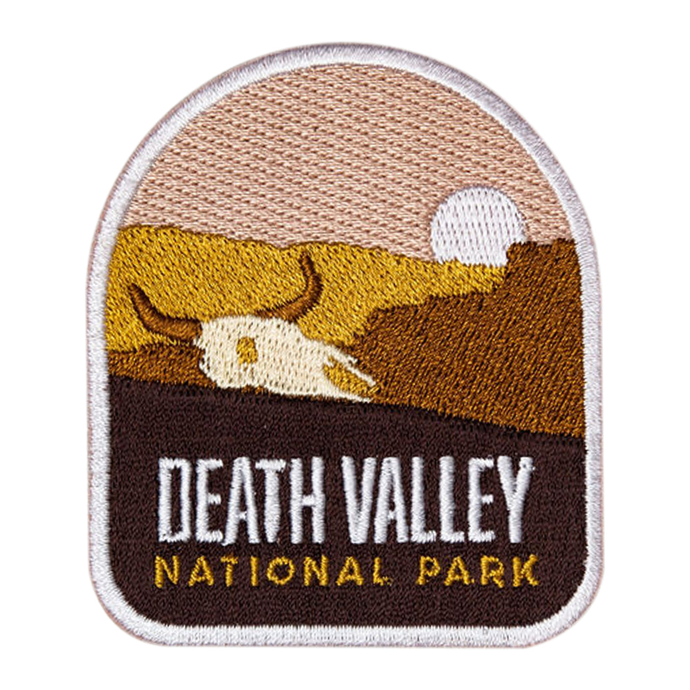 Death Valley National Park patch featuring a skull, desert landscape, and sun in warm colors.