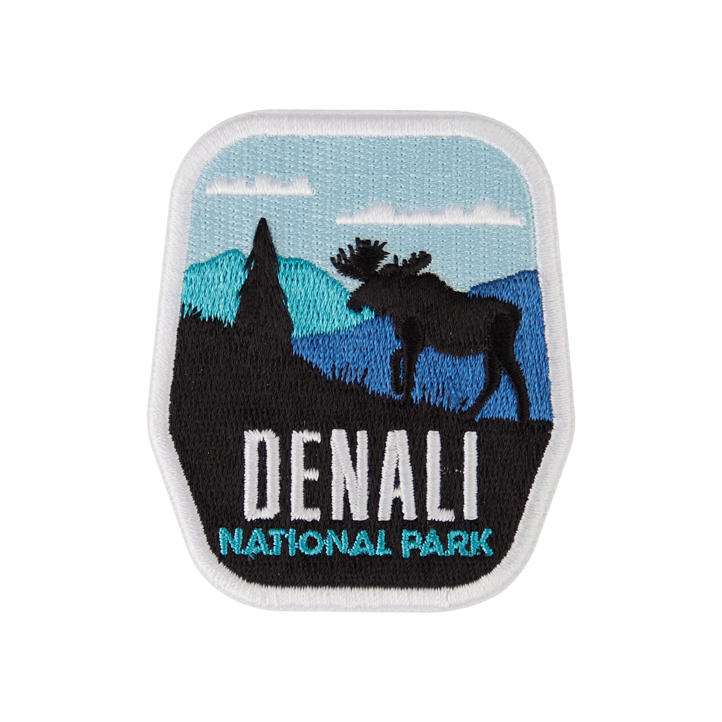 Denali National Park patch featuring a moose silhouette against mountains and a blue sky.