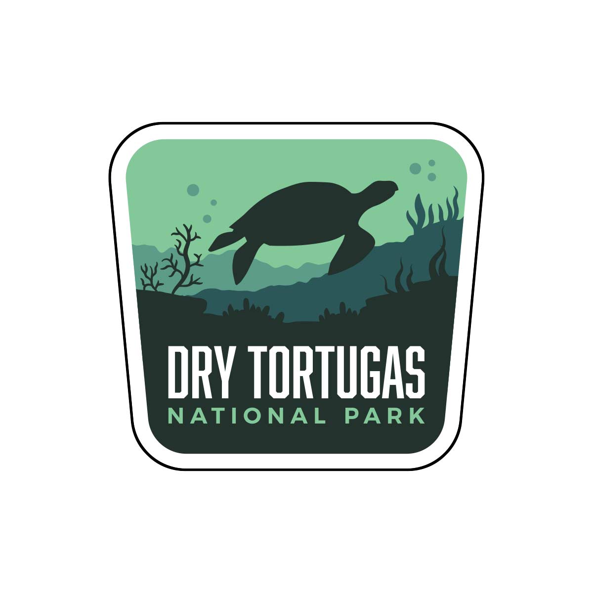 Dry Tortugas National Park sticker featuring a turtle silhouette and underwater scenery in green and black colors.