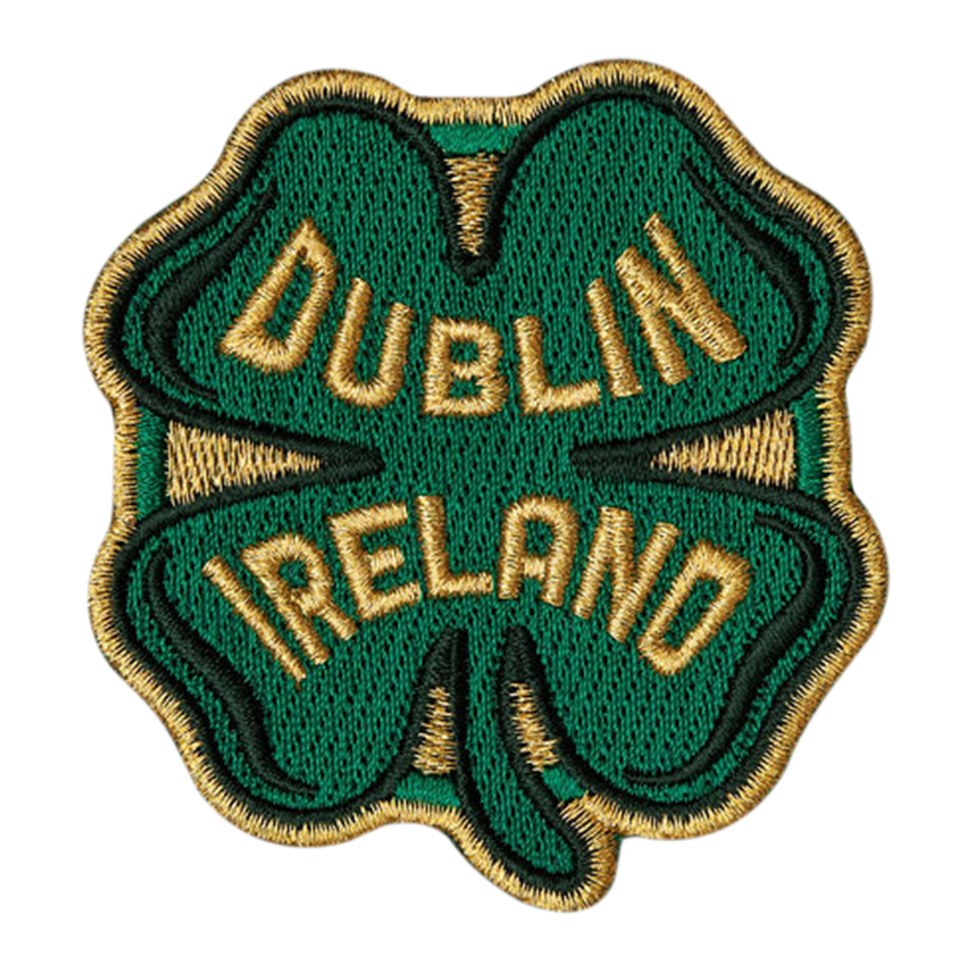 Dublin Ireland patch featuring a green shamrock design with gold embroidered text.