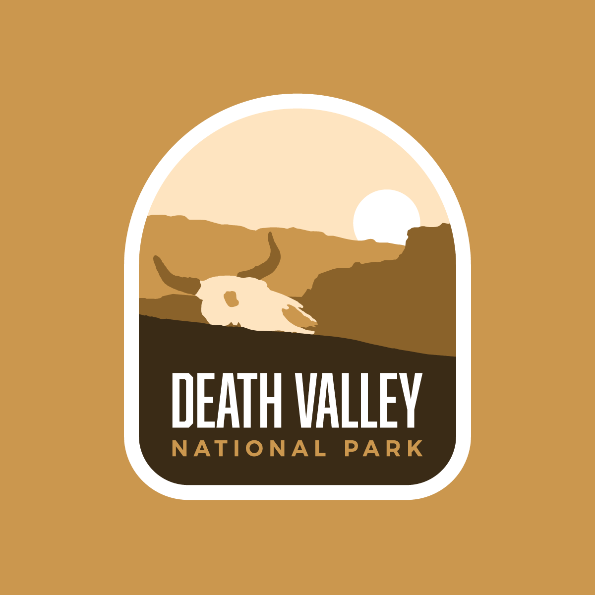 Death Valley National Park patch featuring a skull and desert landscape with a sunset in warm colors.