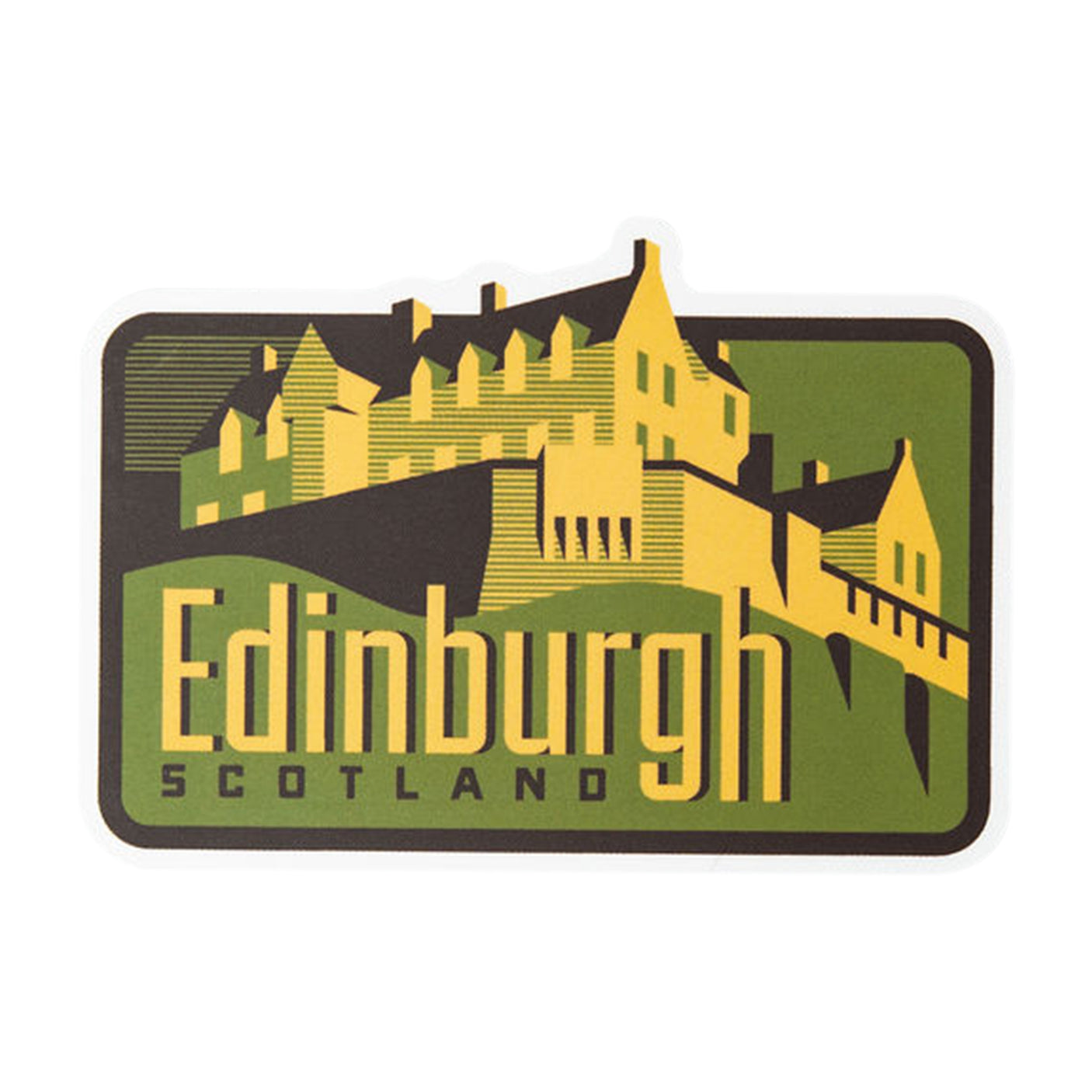 Edinburgh Scotland sticker featuring a stylized castle and green background with yellow text.
