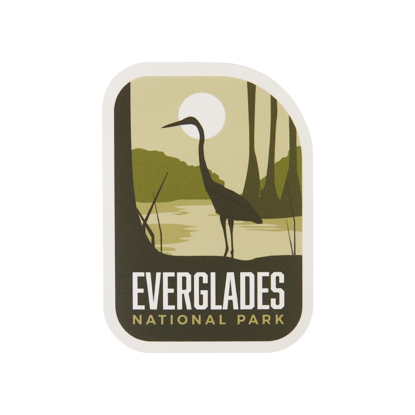 BONUS National Park sticker featuring a heron silhouette and Everglades National Park text in earthy tones.